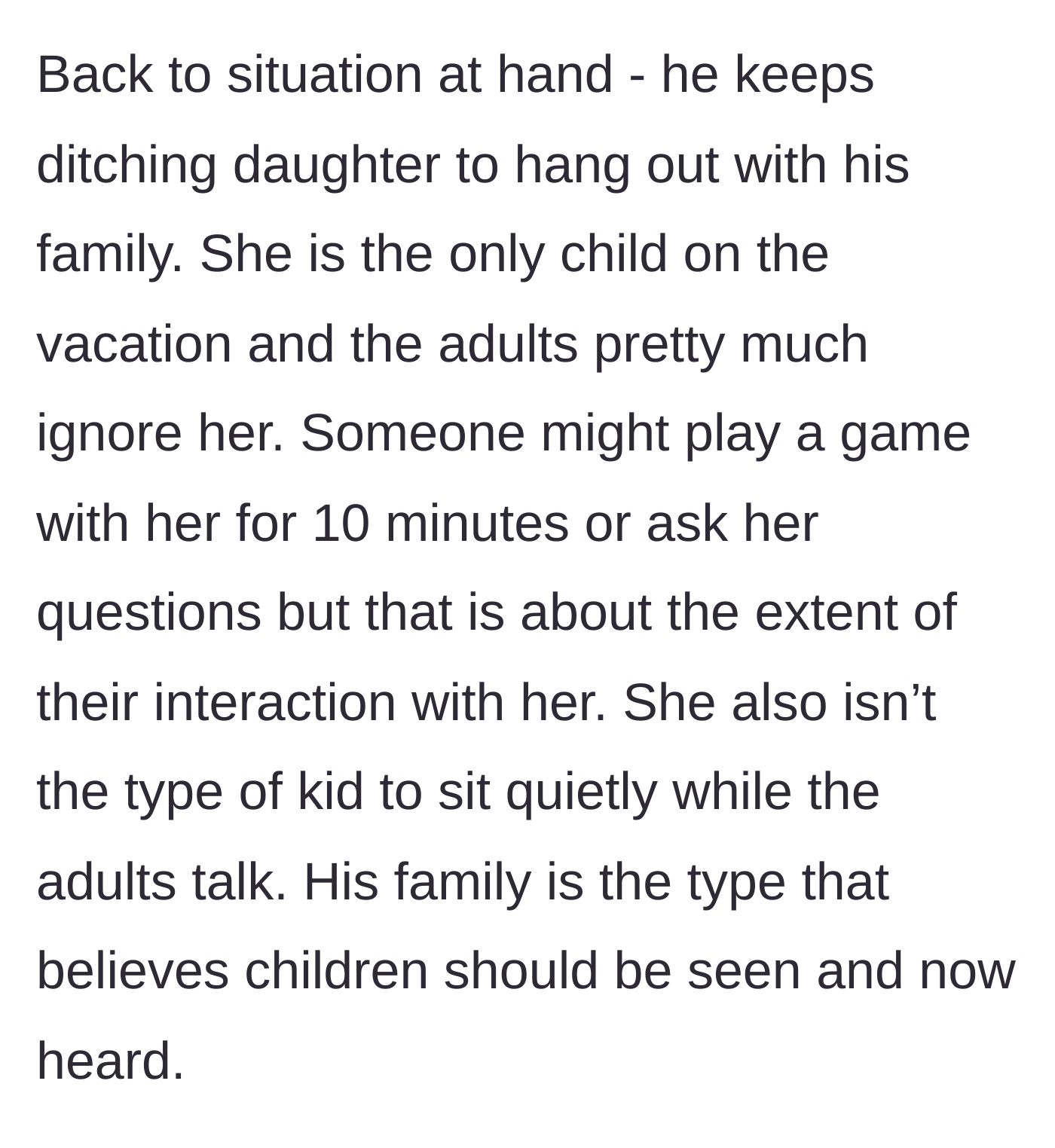 Story part 3 - A young eight-year-old girl sitting alone and bored while adults chat in the background.