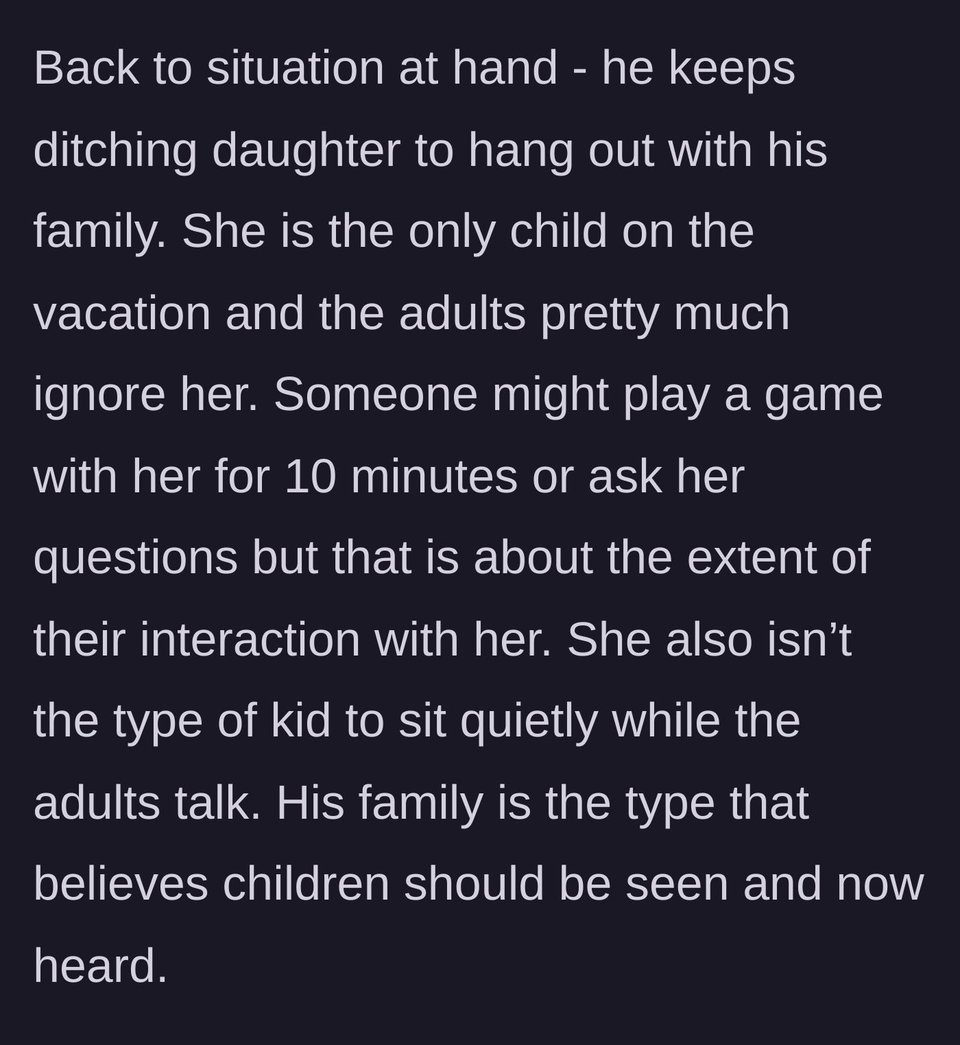 Story part 3 - A young eight-year-old girl sitting alone and bored while adults chat in the background.