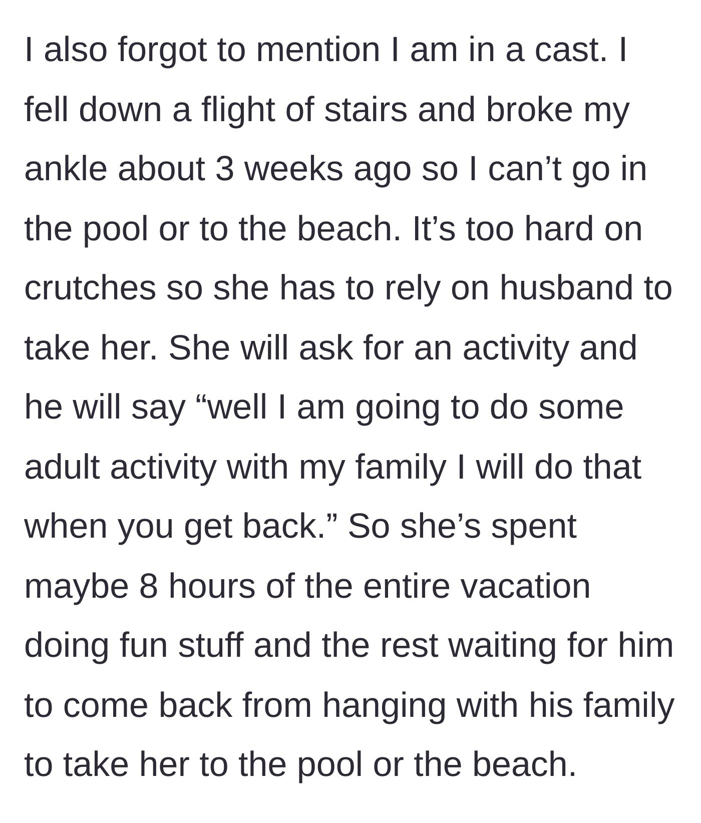Story part 4 - A woman with a leg cast and crutches unable to navigate a sandy beach with her child.