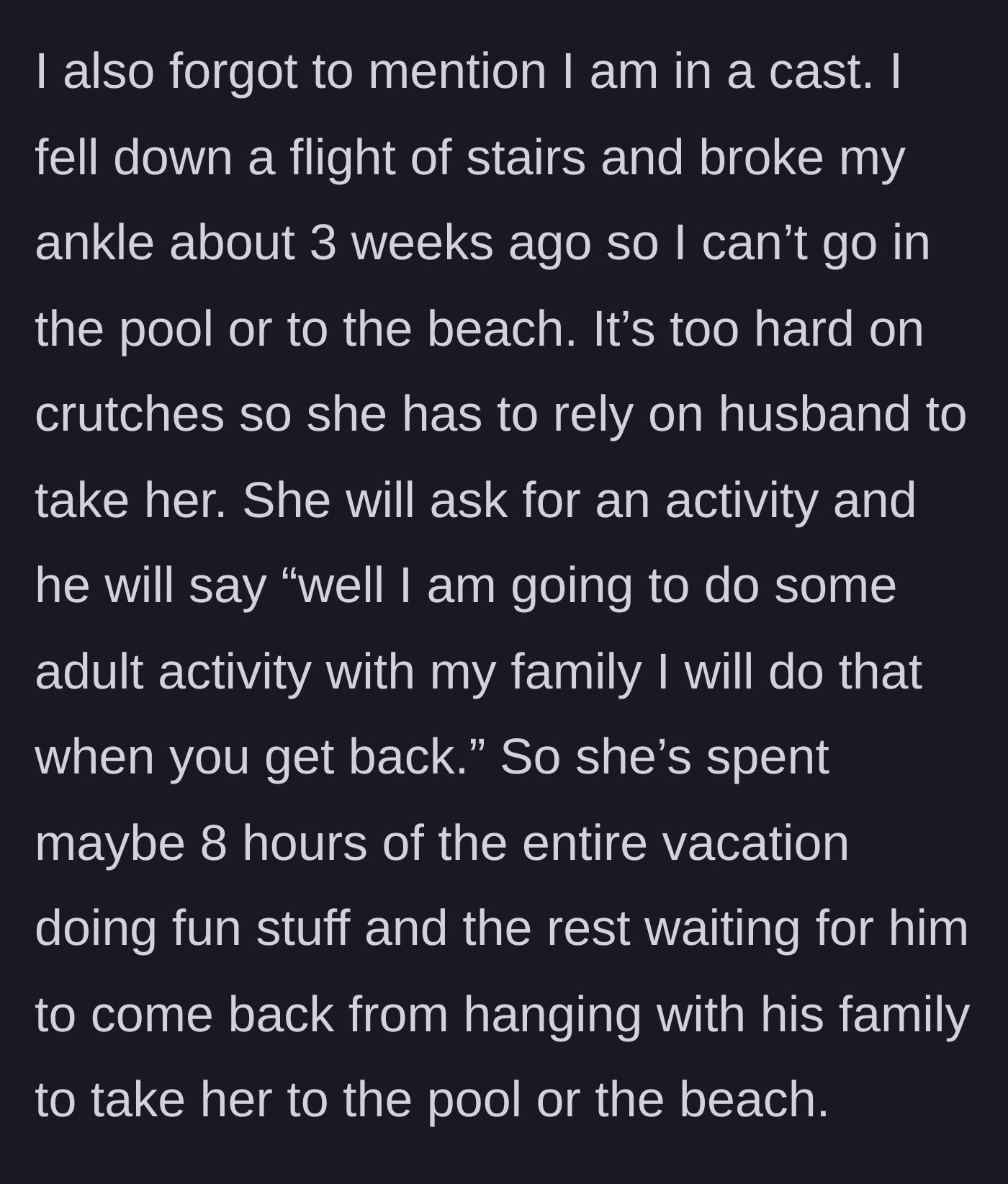 Story part 4 - A woman with a leg cast and crutches unable to navigate a sandy beach with her child.