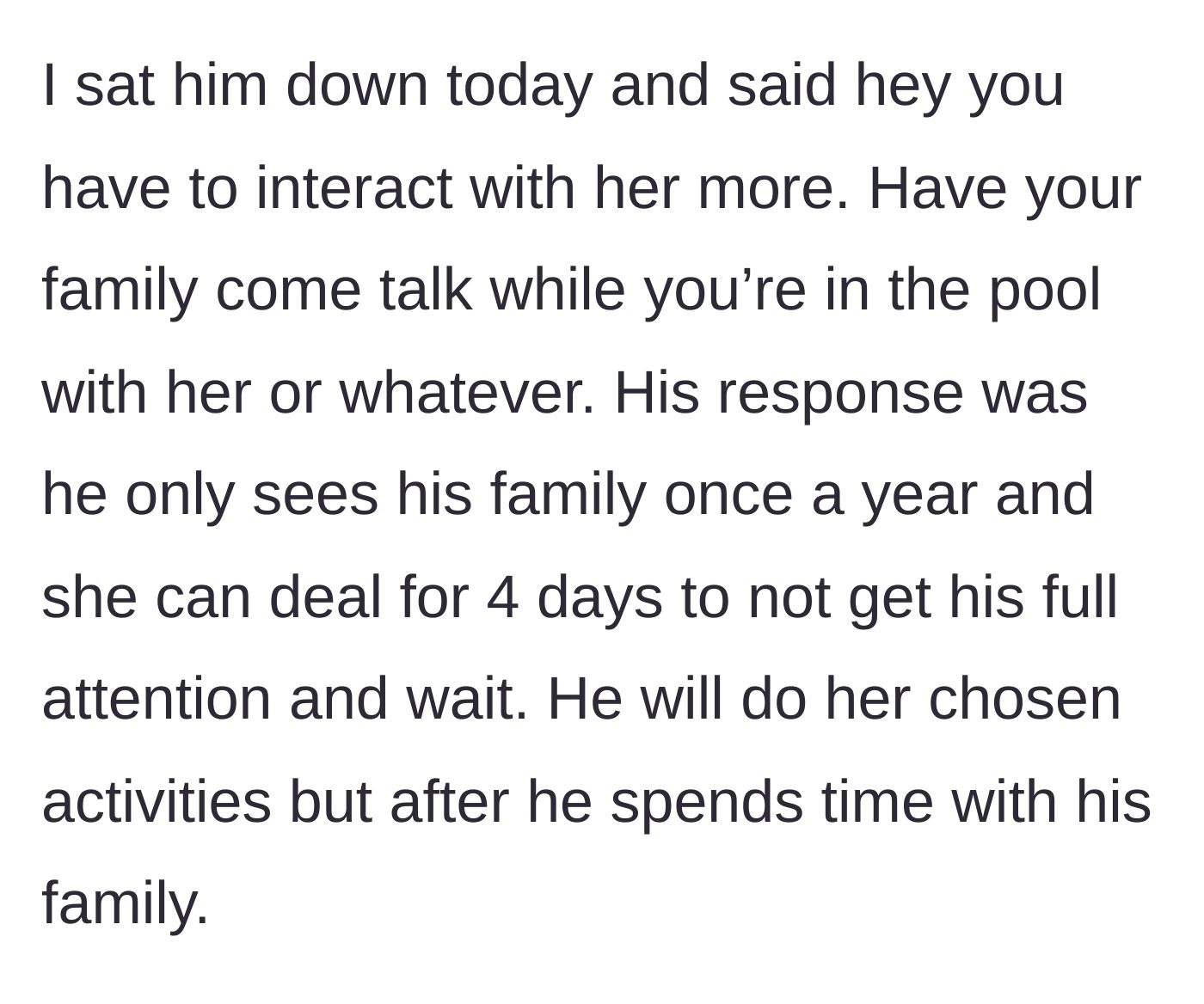 Story part 5 - A serious, tense conversation between a husband and wife in a vacation home.