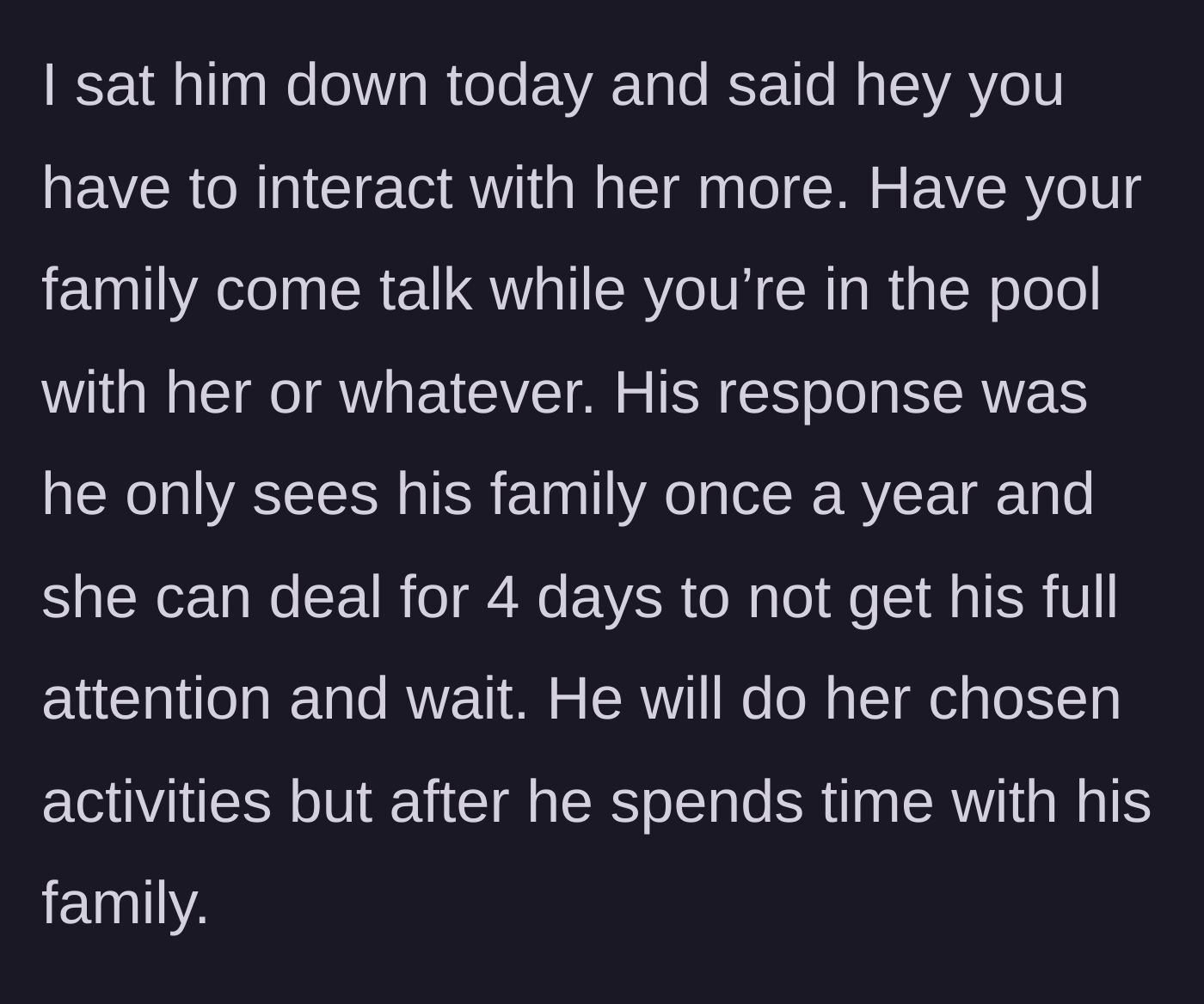 Story part 5 - A serious, tense conversation between a husband and wife in a vacation home.