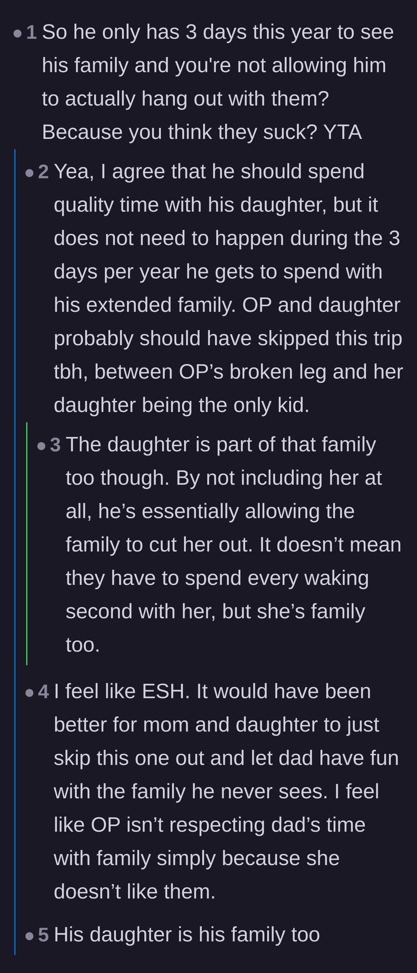 Comment thread 5 - Critics arguing the husband deserves his three days of family time without having to entertain a child