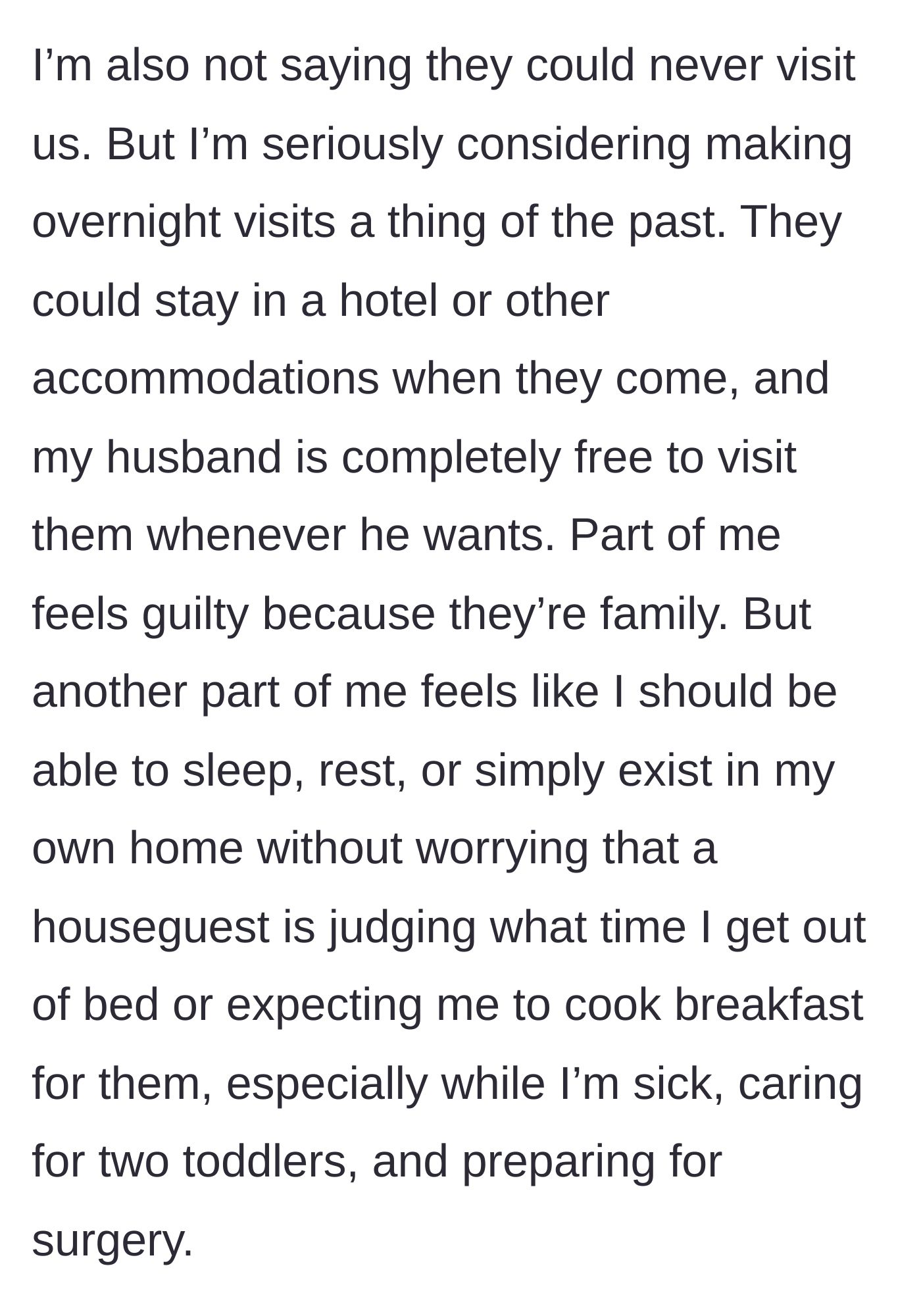 Story part 5 - The mother contemplates a new rule where in-laws must stay in hotels for future visits, grappling with guilt versus her need for peace.
