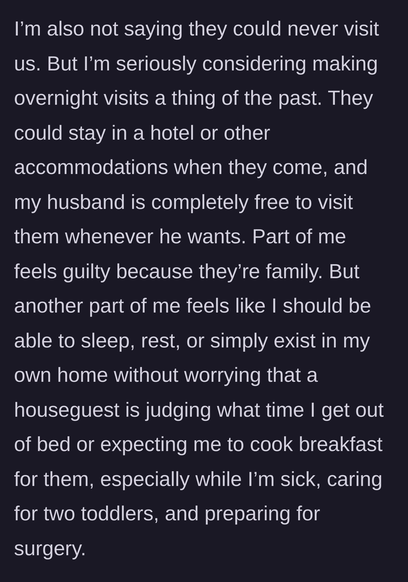 Story part 5 - The mother contemplates a new rule where in-laws must stay in hotels for future visits, grappling with guilt versus her need for peace.