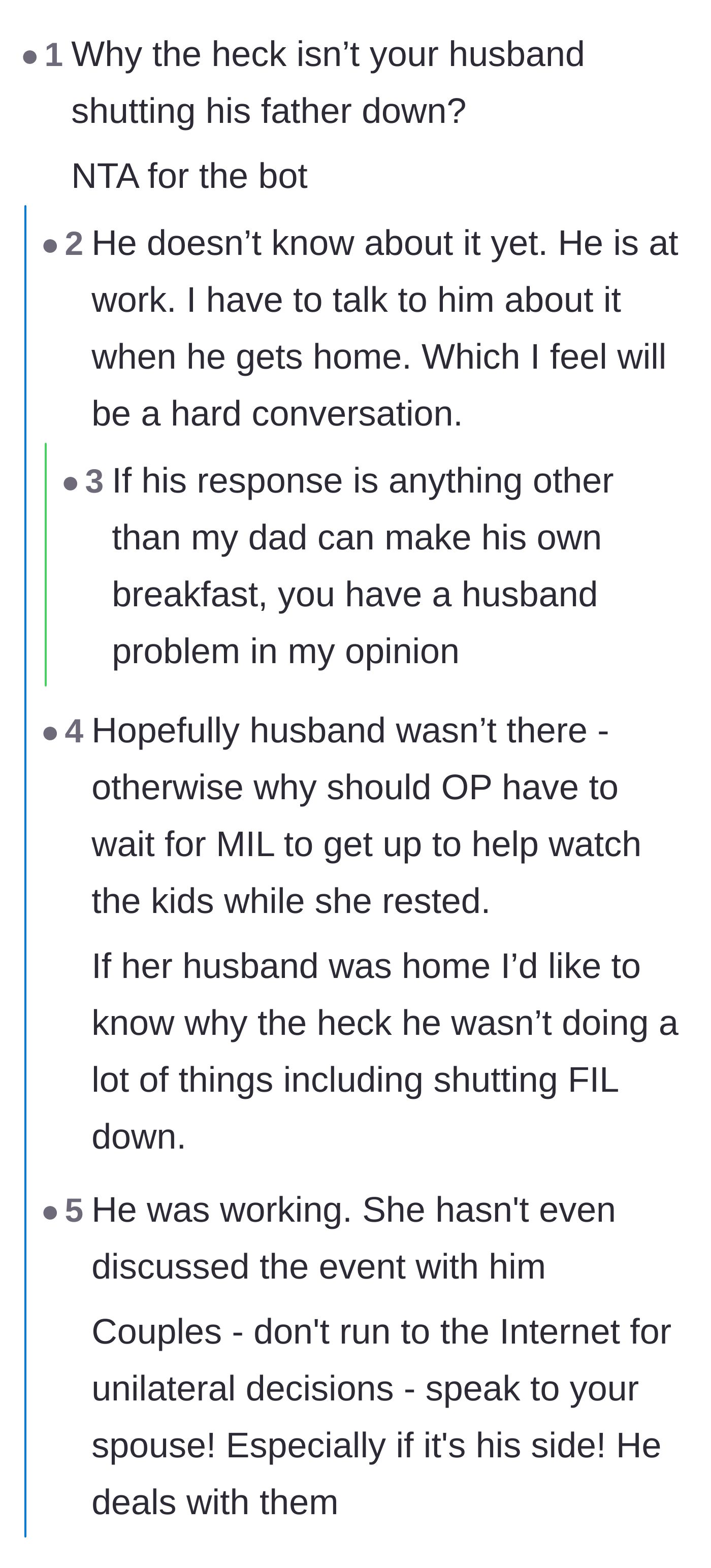 Comment thread 1 - Readers debating the husband's role in defending his wife and the absurdity of a grown man demanding to be served.