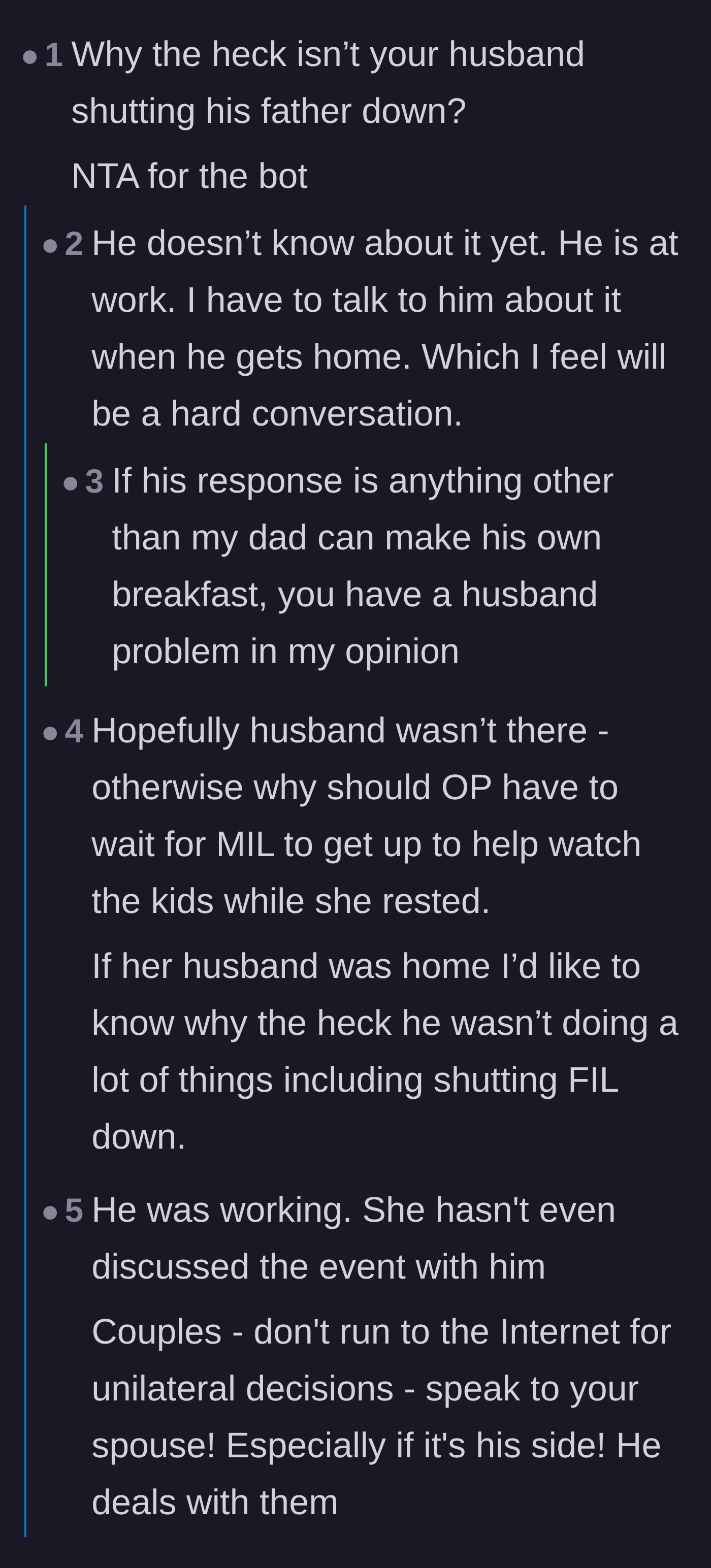 Comment thread 1 - Readers debating the husband's role in defending his wife and the absurdity of a grown man demanding to be served.