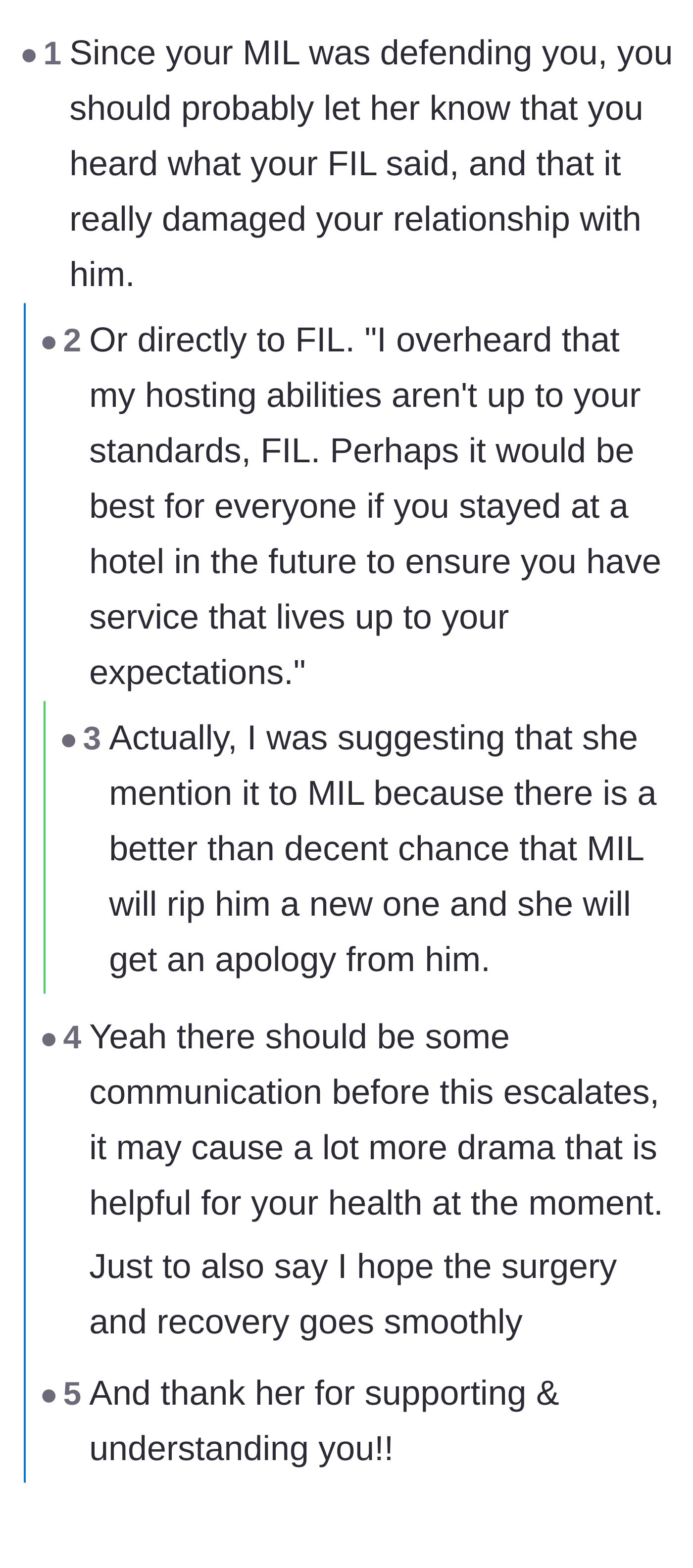 Comment thread 2 - Advice on leveraging the supportive mother-in-law to mediate the conflict without causing the sick mother more stress.