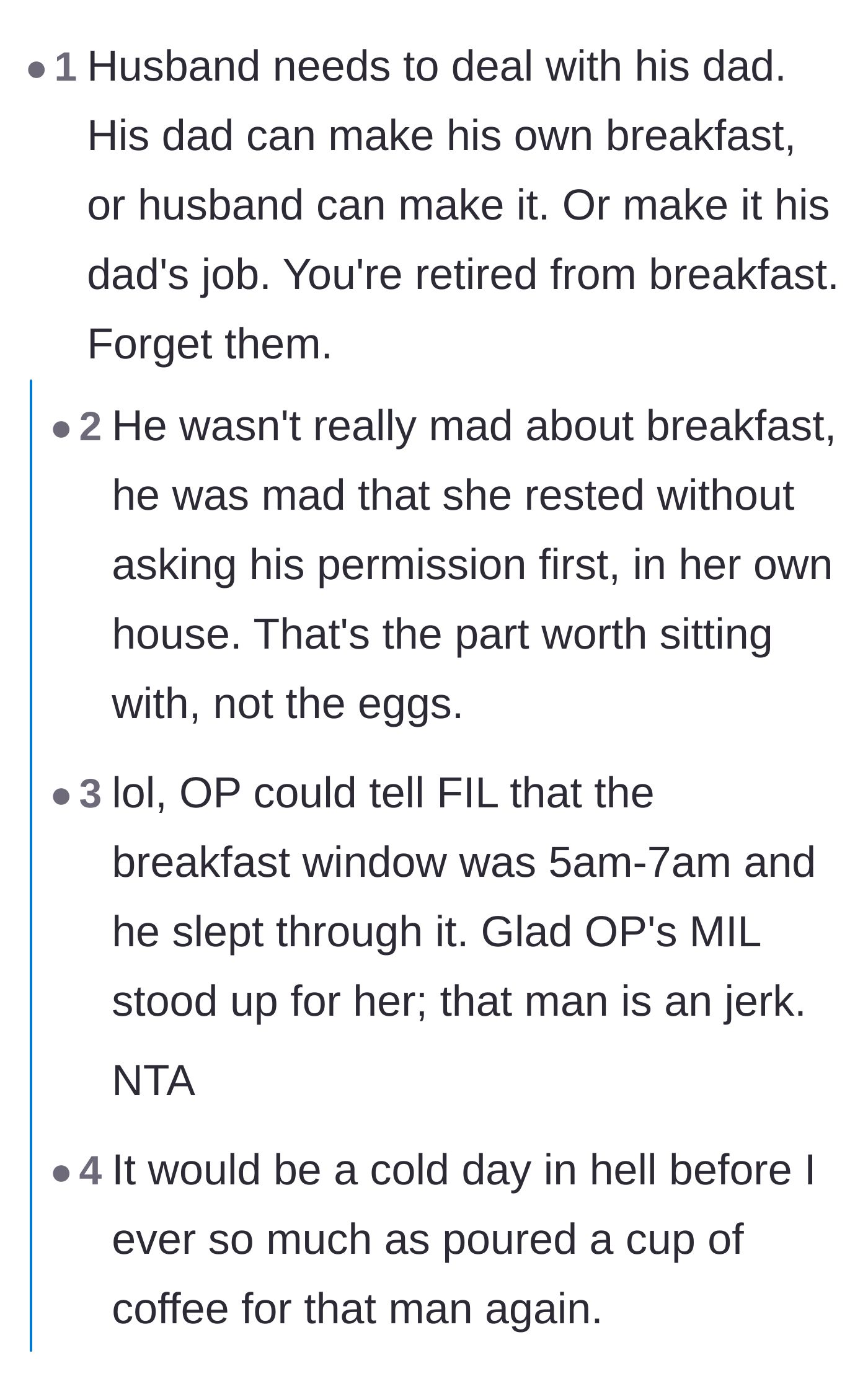 Comment thread 3 - A discussion pinpointing that the father-in-law's anger stems from misogyny and a woman daring to rest.