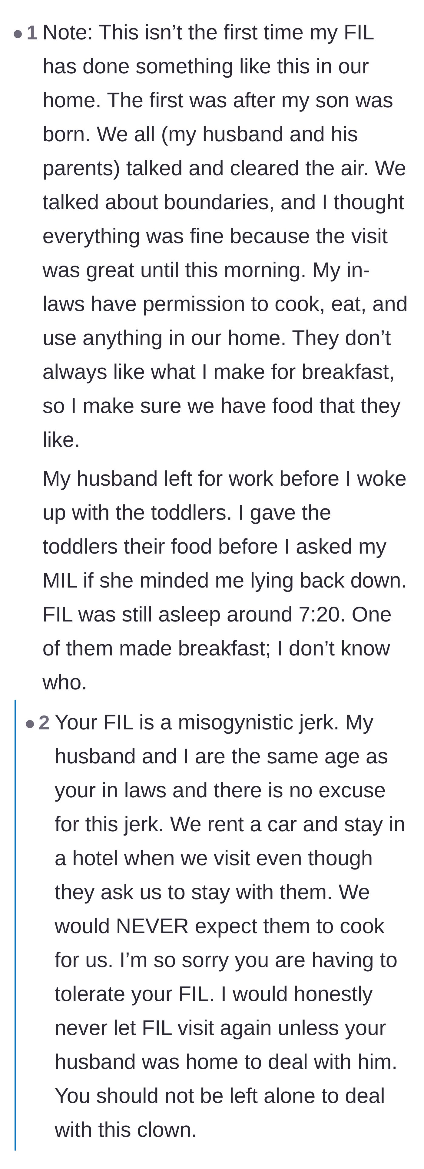 Comment thread 4 - Readers reacting to the original poster's context about the father-in-law's history of outdated, misogynistic behavior.