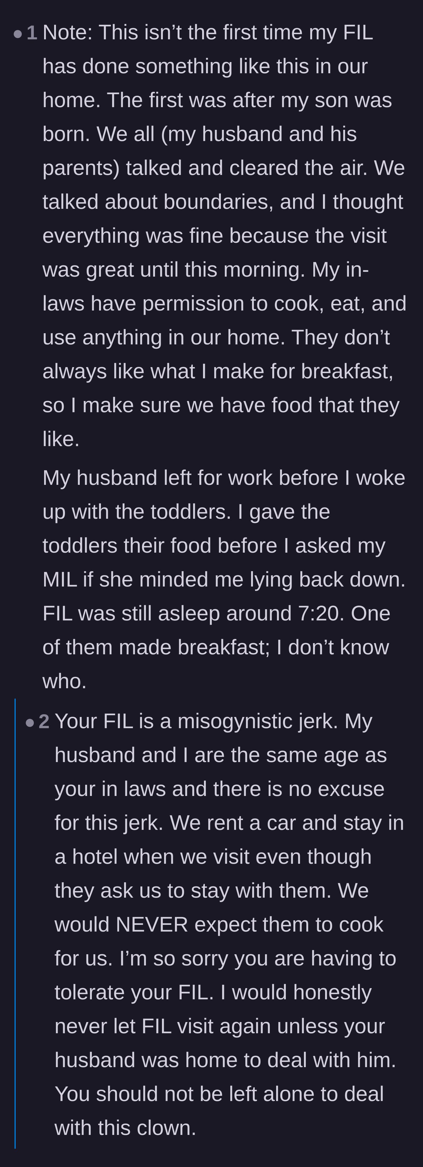 Comment thread 4 - Readers reacting to the original poster's context about the father-in-law's history of outdated, misogynistic behavior.