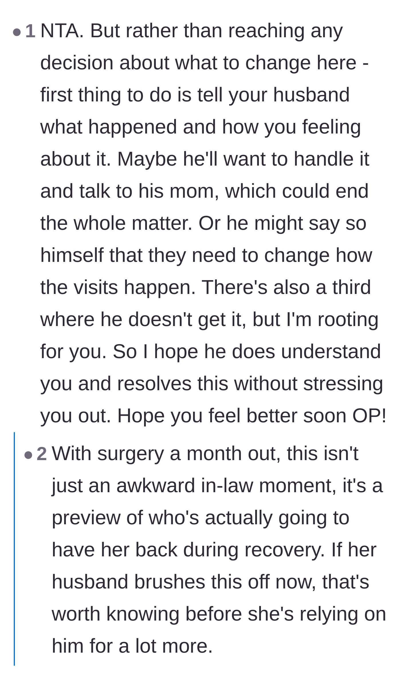 Comment thread 5 - A warning that this conflict is a critical preview of the support the mother will receive during her upcoming surgery recovery.