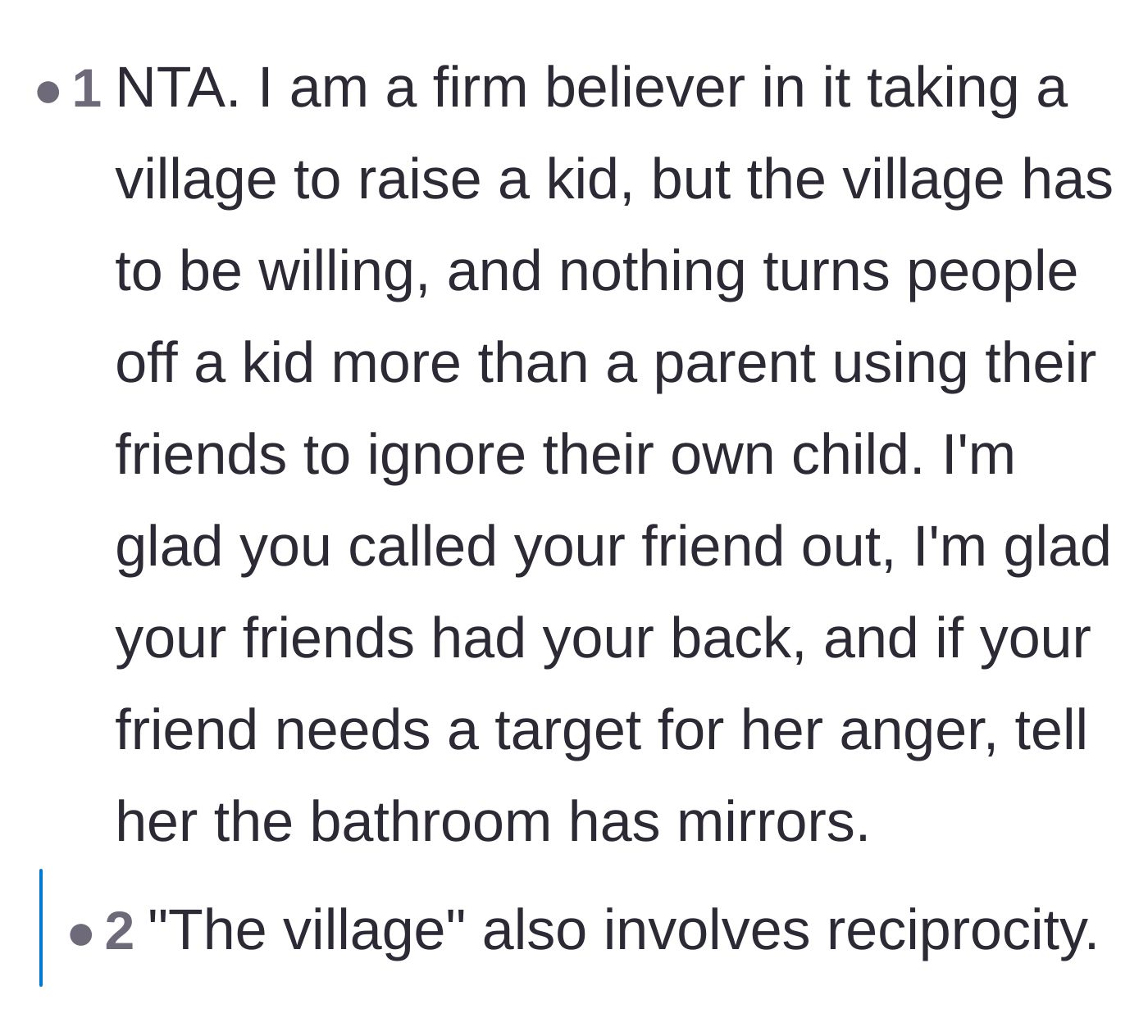 Comment thread 5 - A nuanced take redefining what 'it takes a village' actually means.
