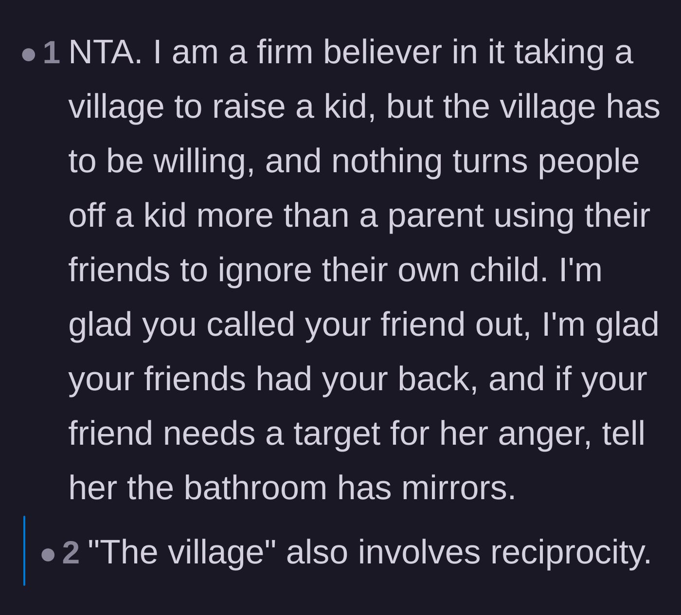 Comment thread 5 - A nuanced take redefining what 'it takes a village' actually means.