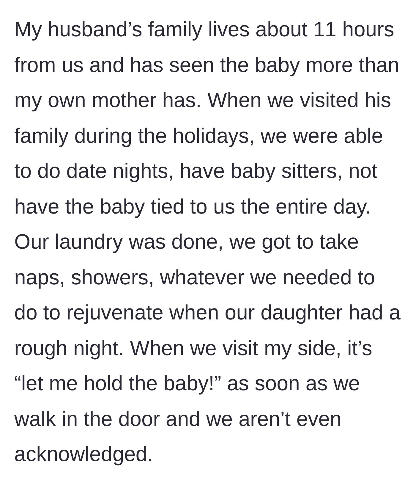 Story part 3 - The stark contrast between the supportive in-laws and the dismissive biological family.