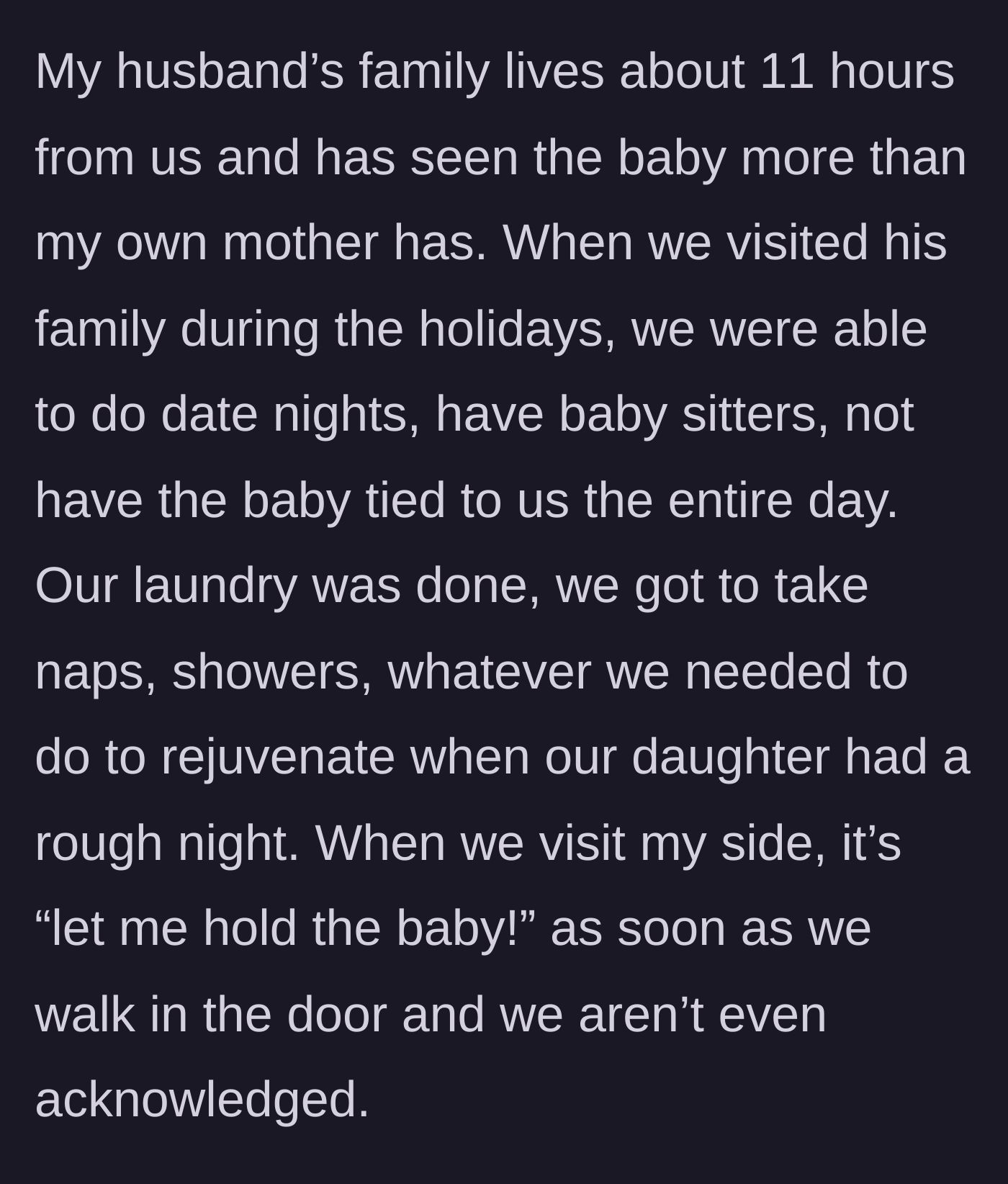 Story part 3 - The stark contrast between the supportive in-laws and the dismissive biological family.