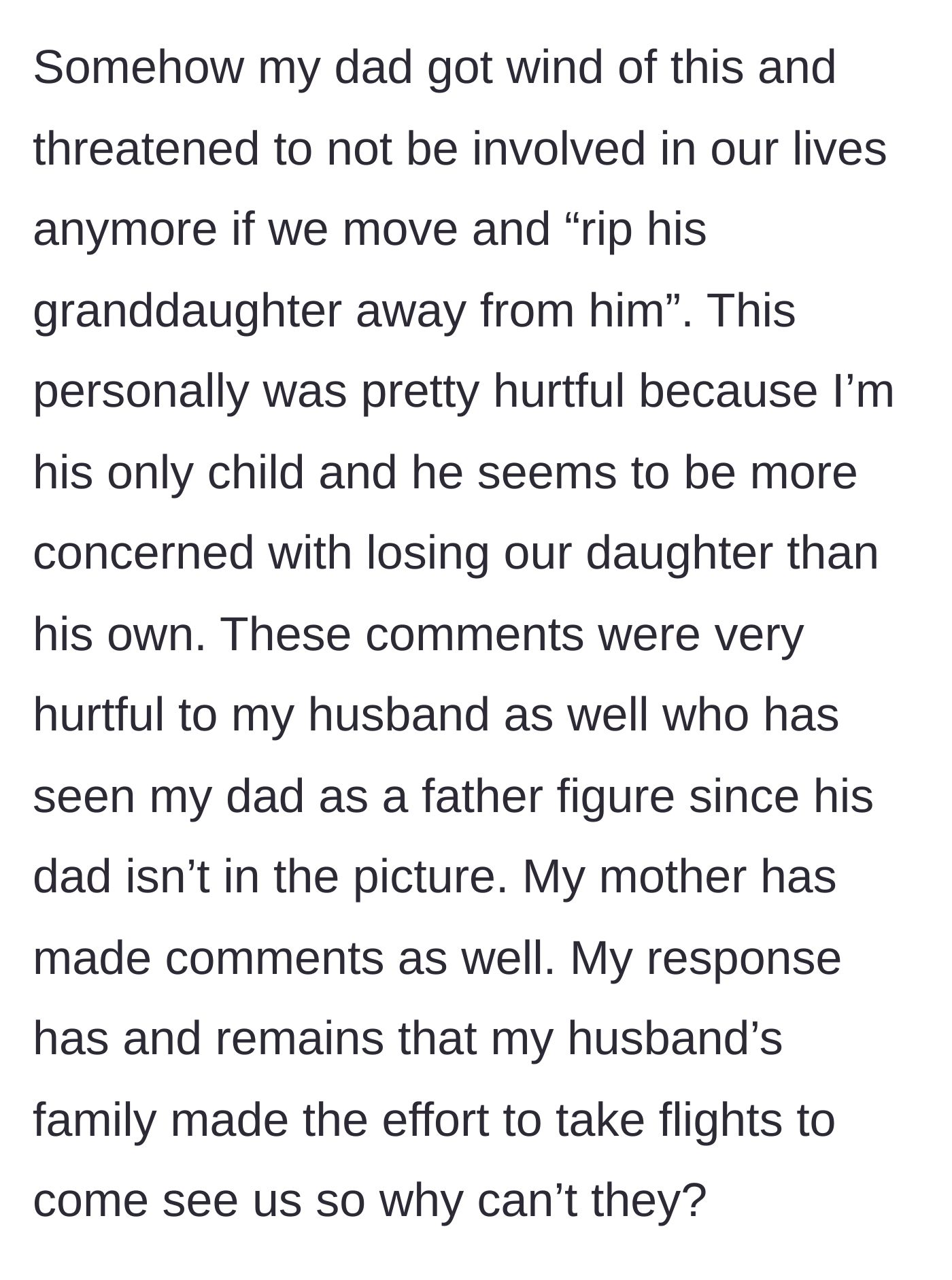 Story part 5 - The father's harsh threat to cut contact and the emotional toll it takes on the couple.