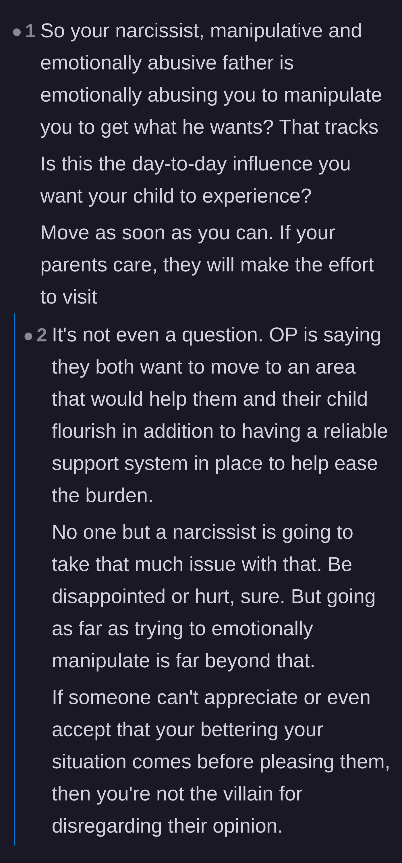 Comment thread 2 - Discussion on the father using emotional abuse to maintain control over his daughter's life choices.