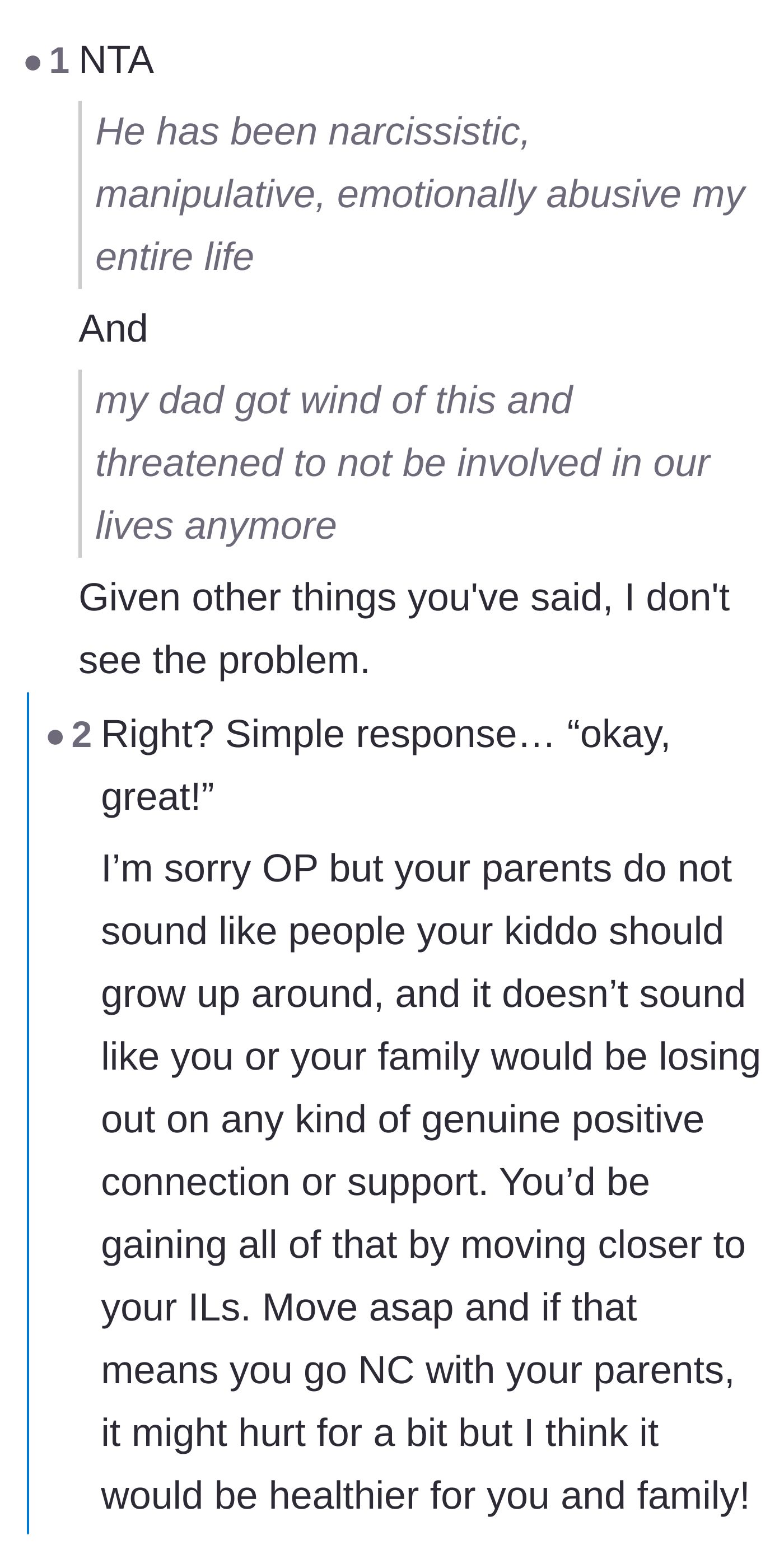Comment thread 3 - Commenters pointing out that the father's threat to cut contact might actually be a massive relief.