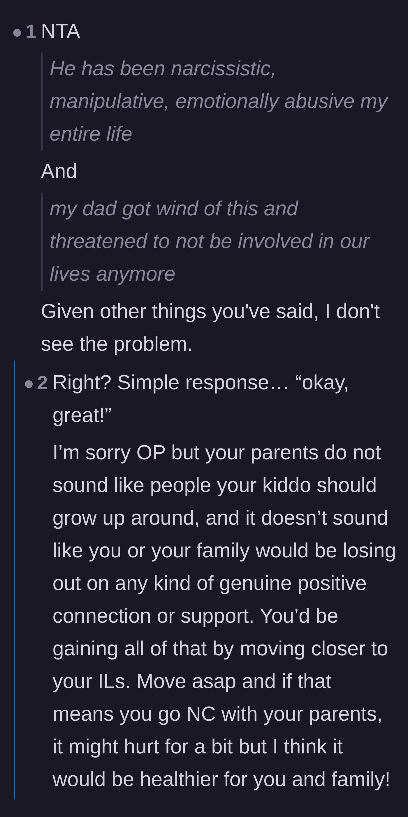 Comment thread 3 - Commenters pointing out that the father's threat to cut contact might actually be a massive relief.