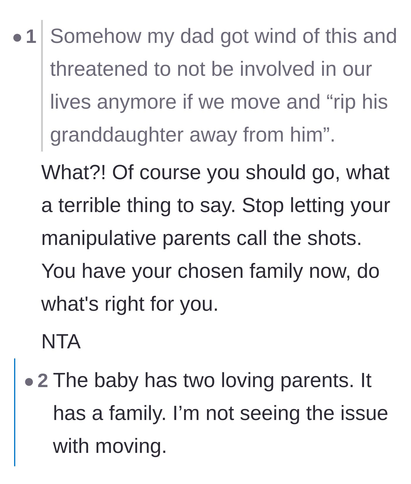 Comment thread 4 - Advice to stop letting manipulative parents dictate decisions and to embrace the chosen family.