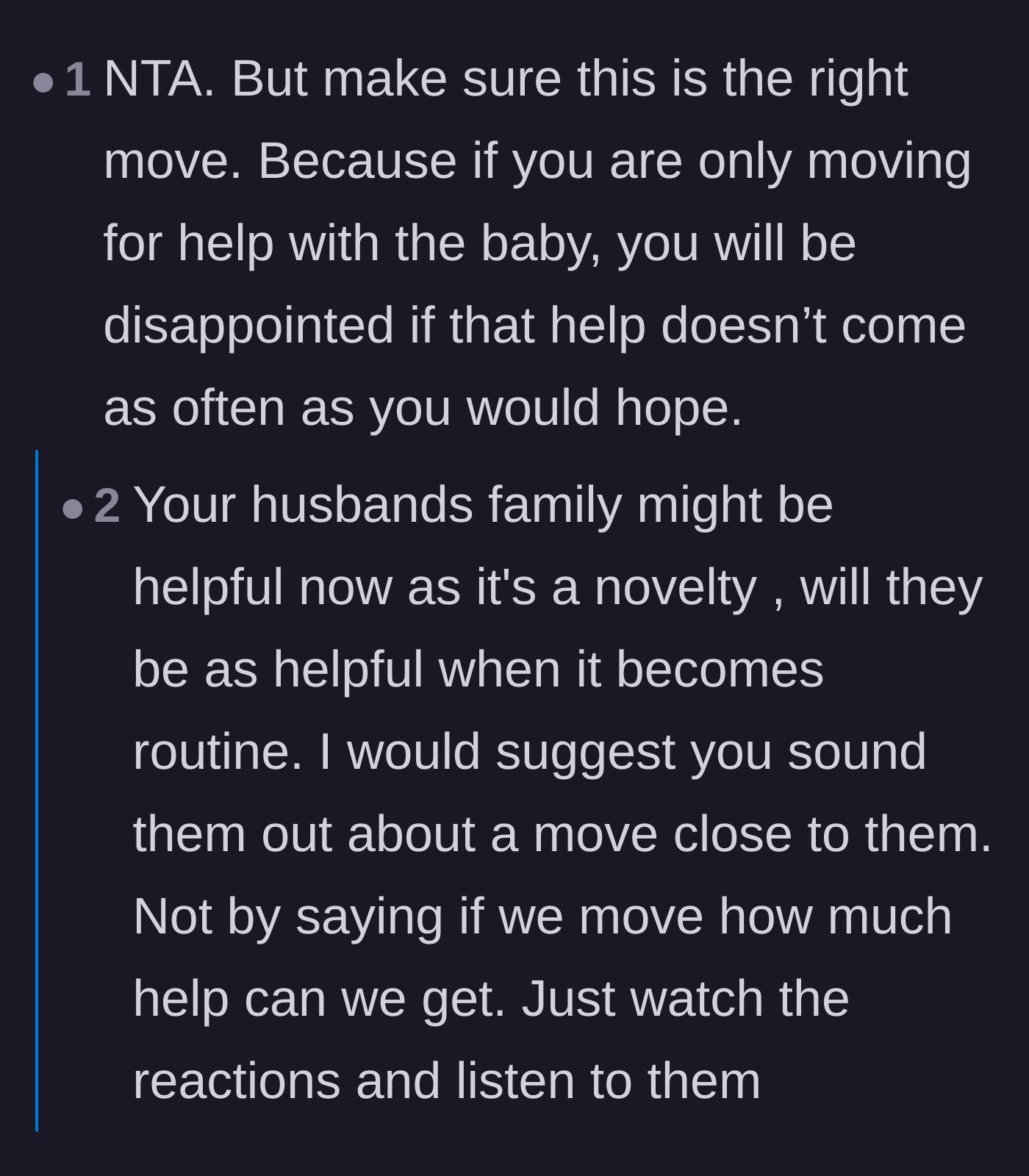 Comment thread 5 - A practical warning about managing expectations regarding childcare assistance after relocating.