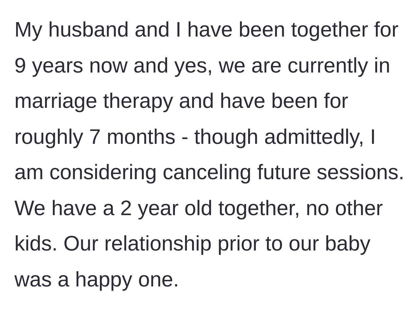 Story part 1 - A couple sitting on opposite ends of a therapy couch looking disconnected.