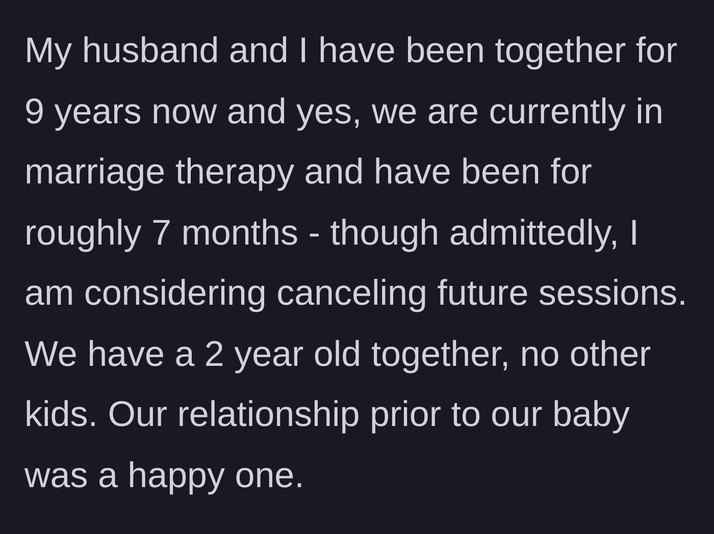 Story part 1 - A couple sitting on opposite ends of a therapy couch looking disconnected.