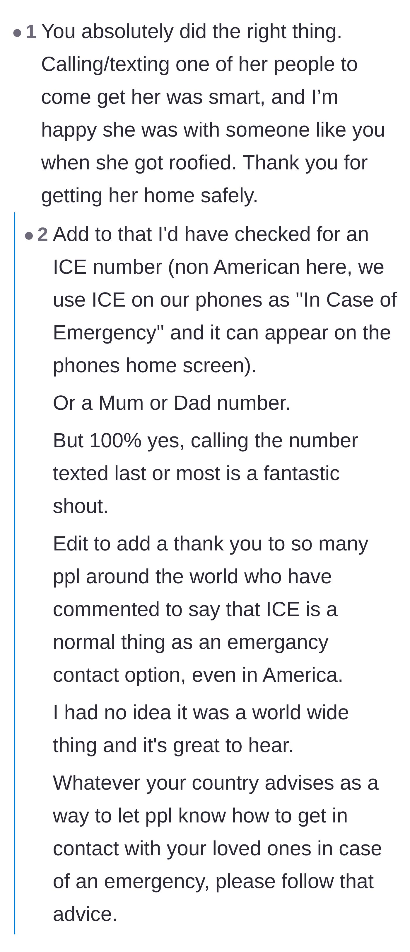 Comment thread 1 - A discussion on checking a date's phone for emergency contact information to get them home safely.