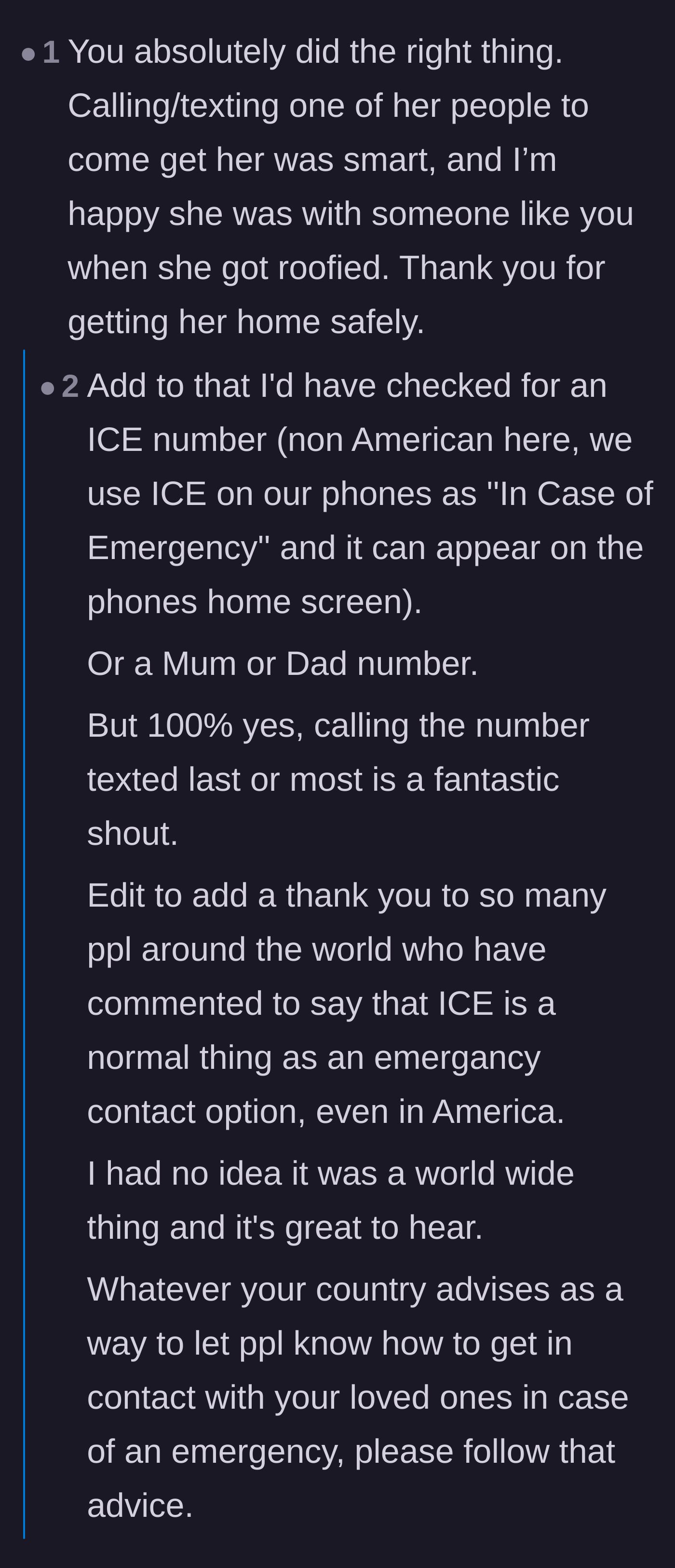 Comment thread 1 - A discussion on checking a date's phone for emergency contact information to get them home safely.