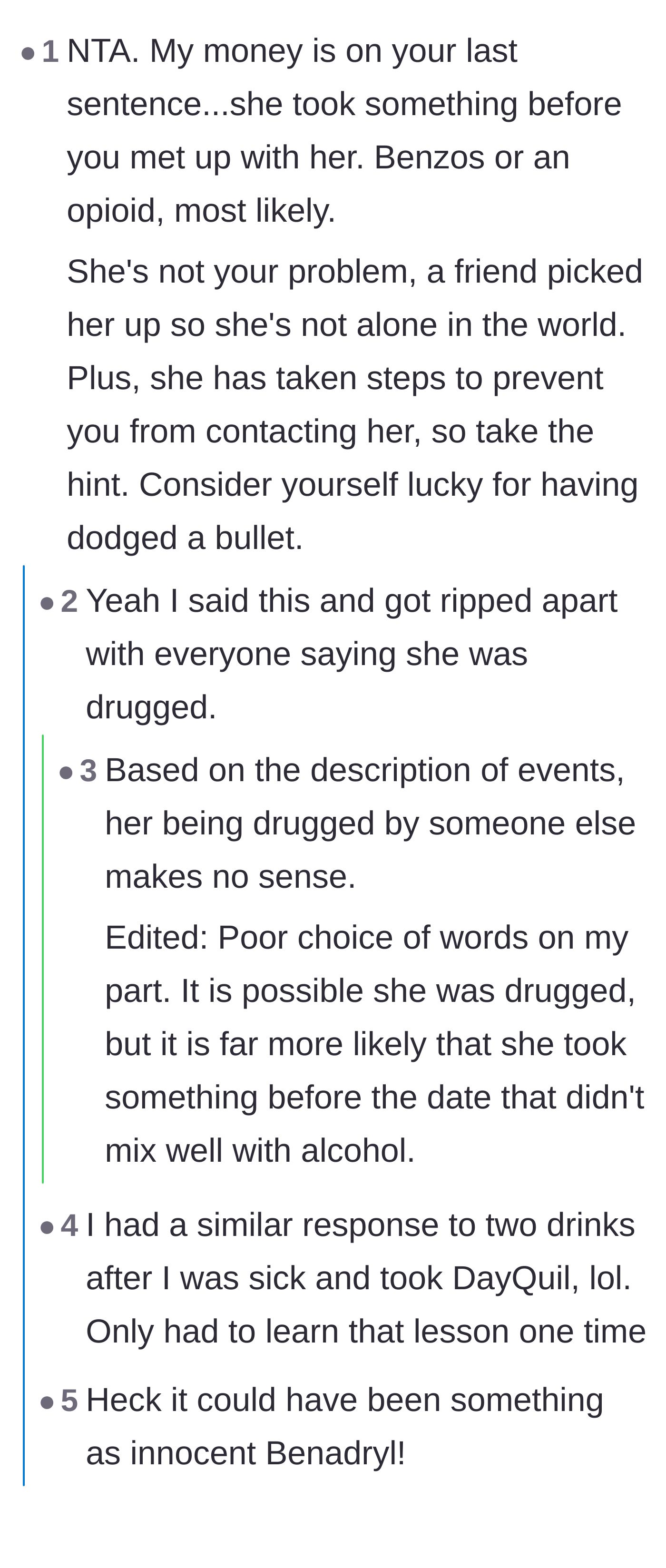 Comment thread 4 - Speculation about the date having a severe reaction to mixing alcohol with prescription medications.