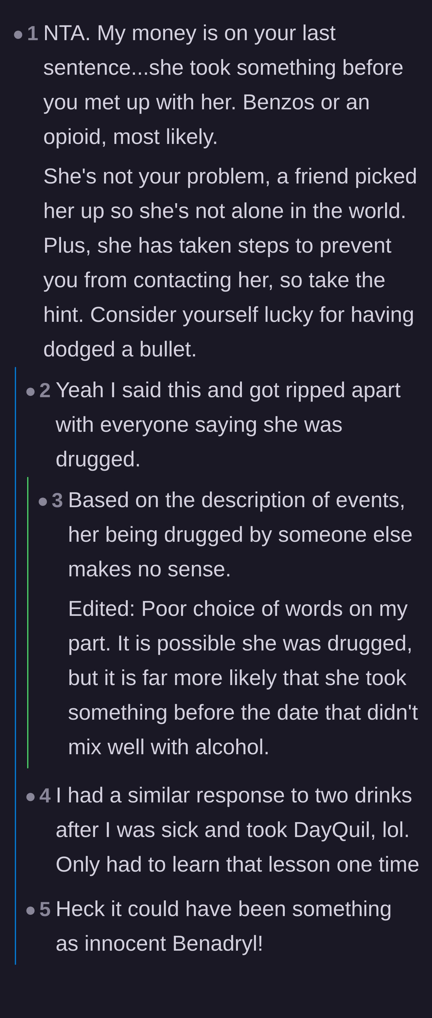 Comment thread 4 - Speculation about the date having a severe reaction to mixing alcohol with prescription medications.