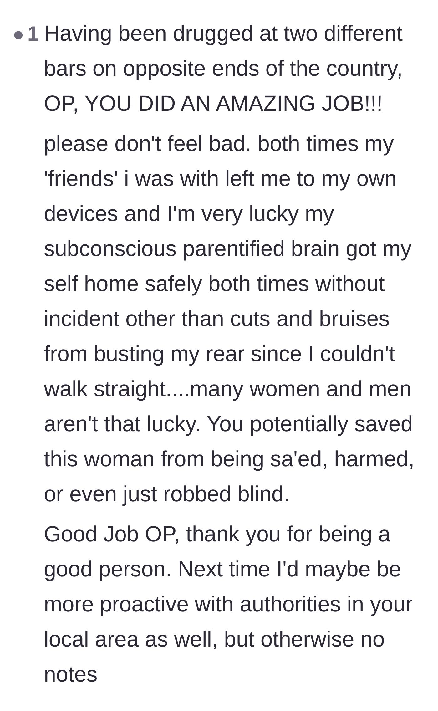 Comment thread 5 - A survivor sharing their own painful experience of being abandoned by friends while drugged.