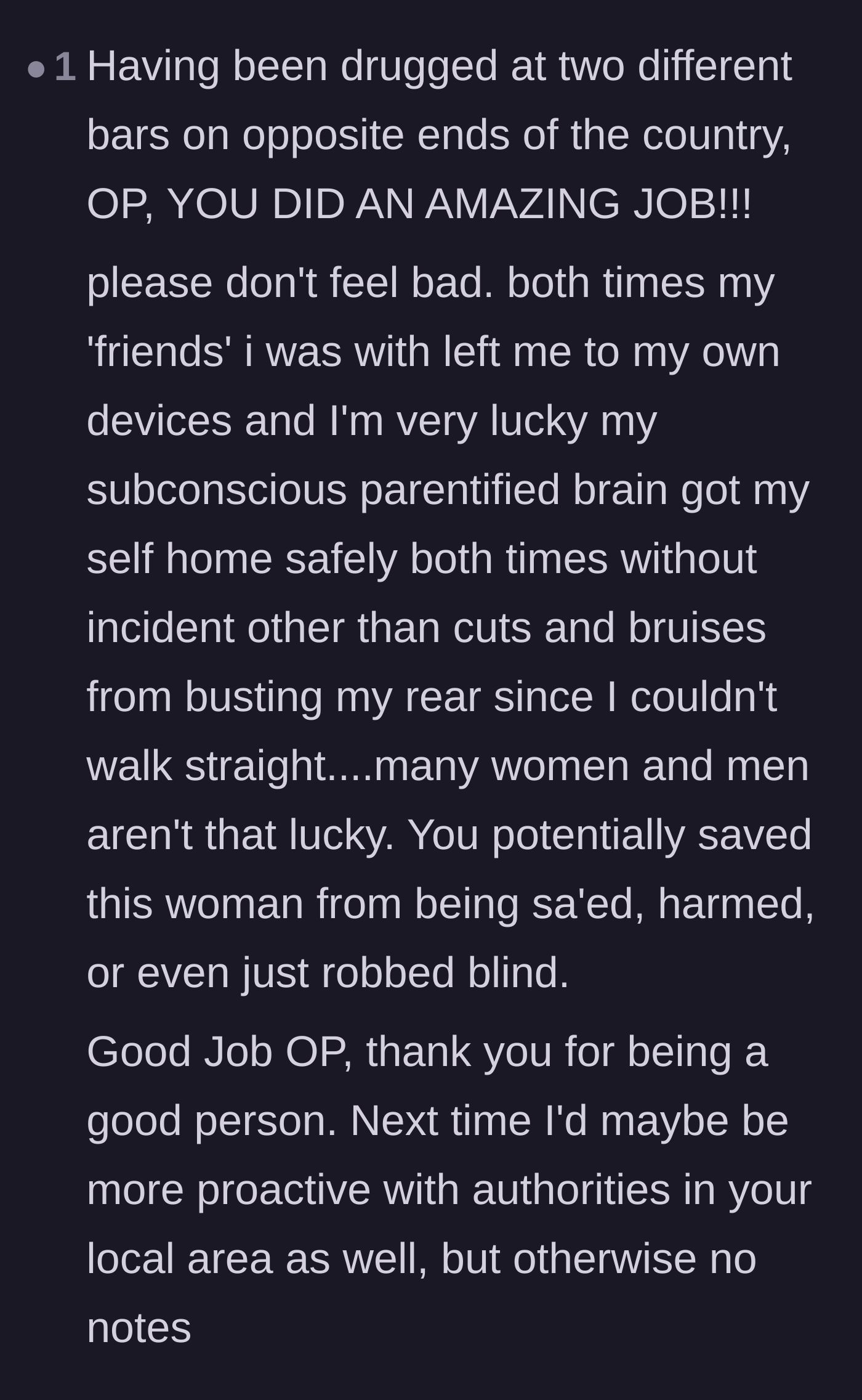 Comment thread 5 - A survivor sharing their own painful experience of being abandoned by friends while drugged.