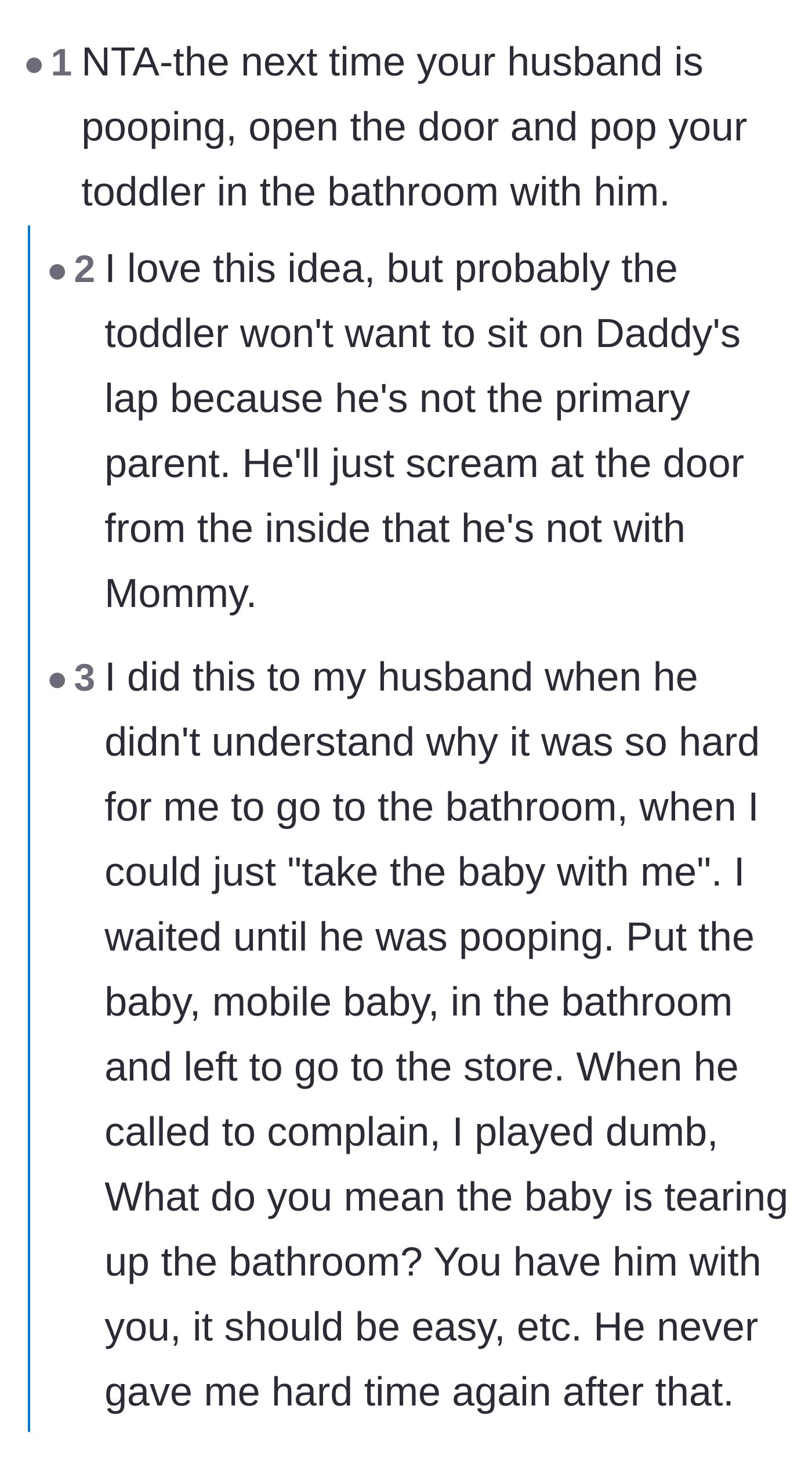 Comment thread 1 - Readers brainstorm scenarios to force the husband to experience the toddler's bathroom meltdowns firsthand.