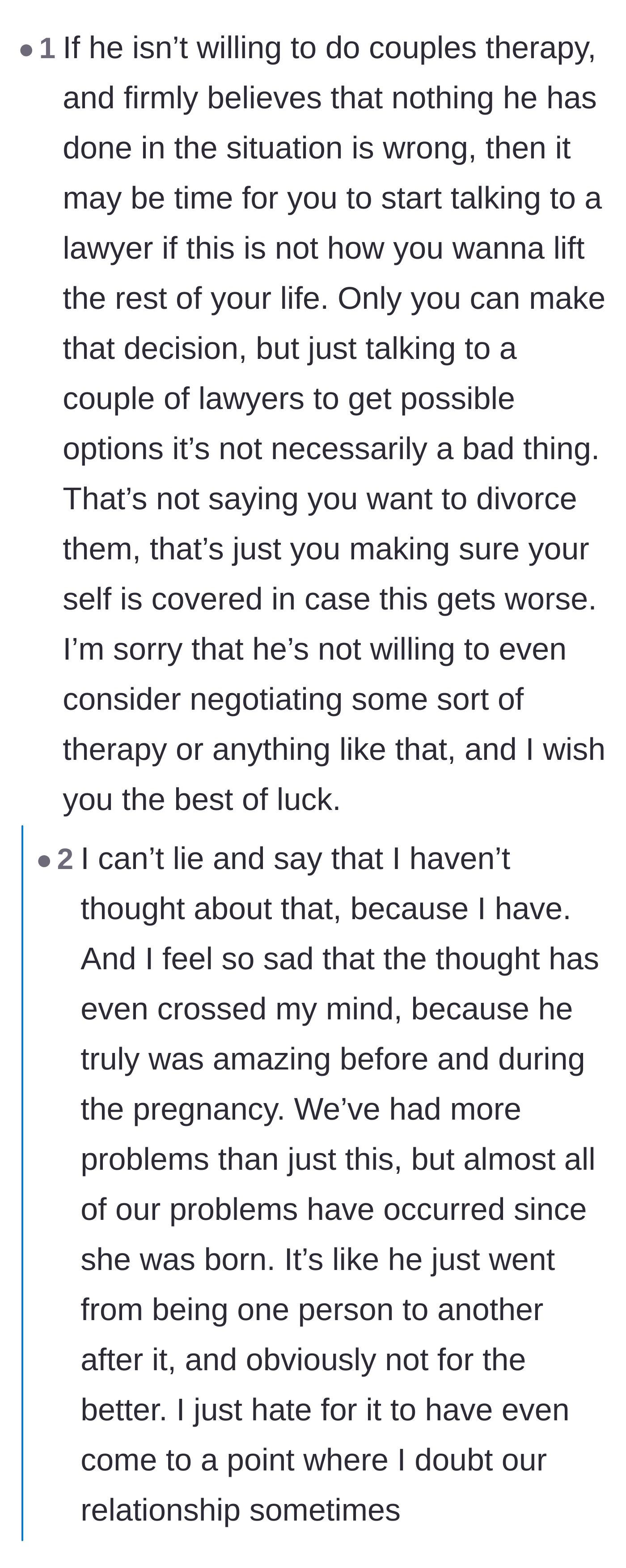 Comment thread 3 - Readers discuss the grief of losing the partner you married and the importance of modeling healthy relationships for children.