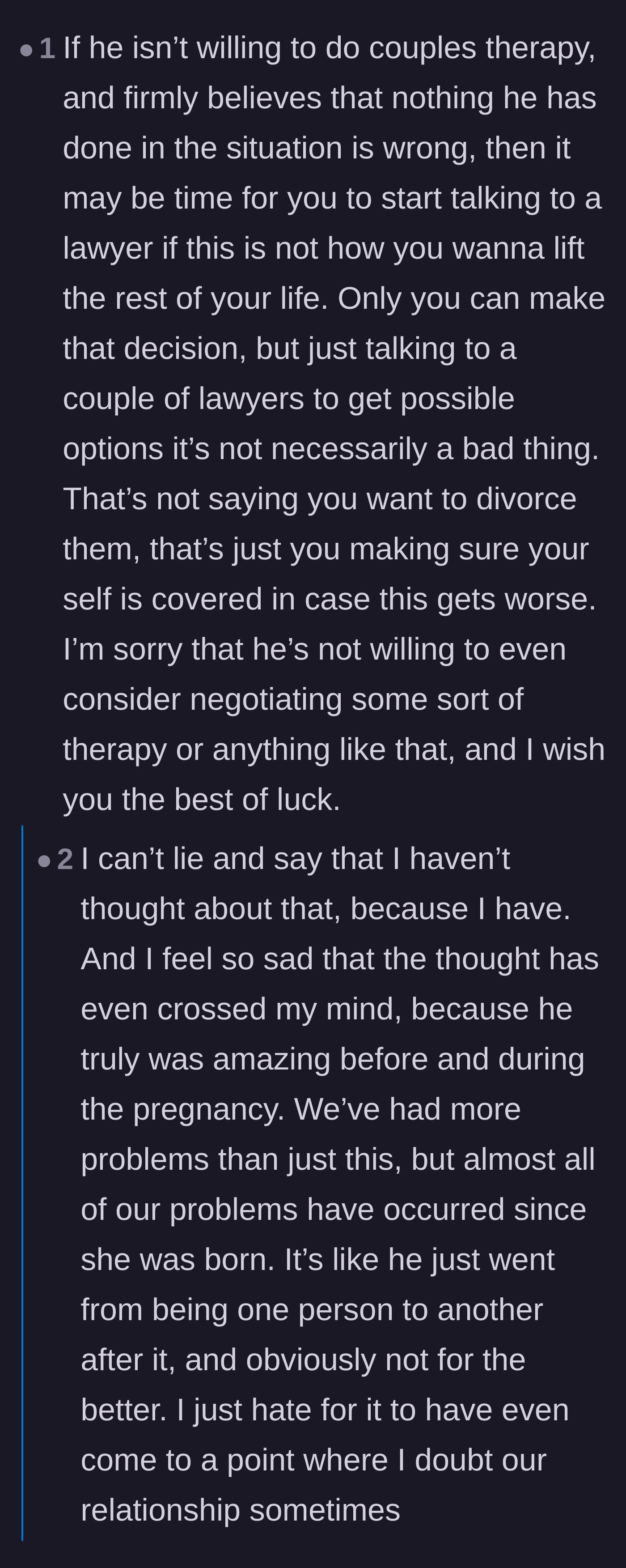 Comment thread 3 - Readers discuss the grief of losing the partner you married and the importance of modeling healthy relationships for children.