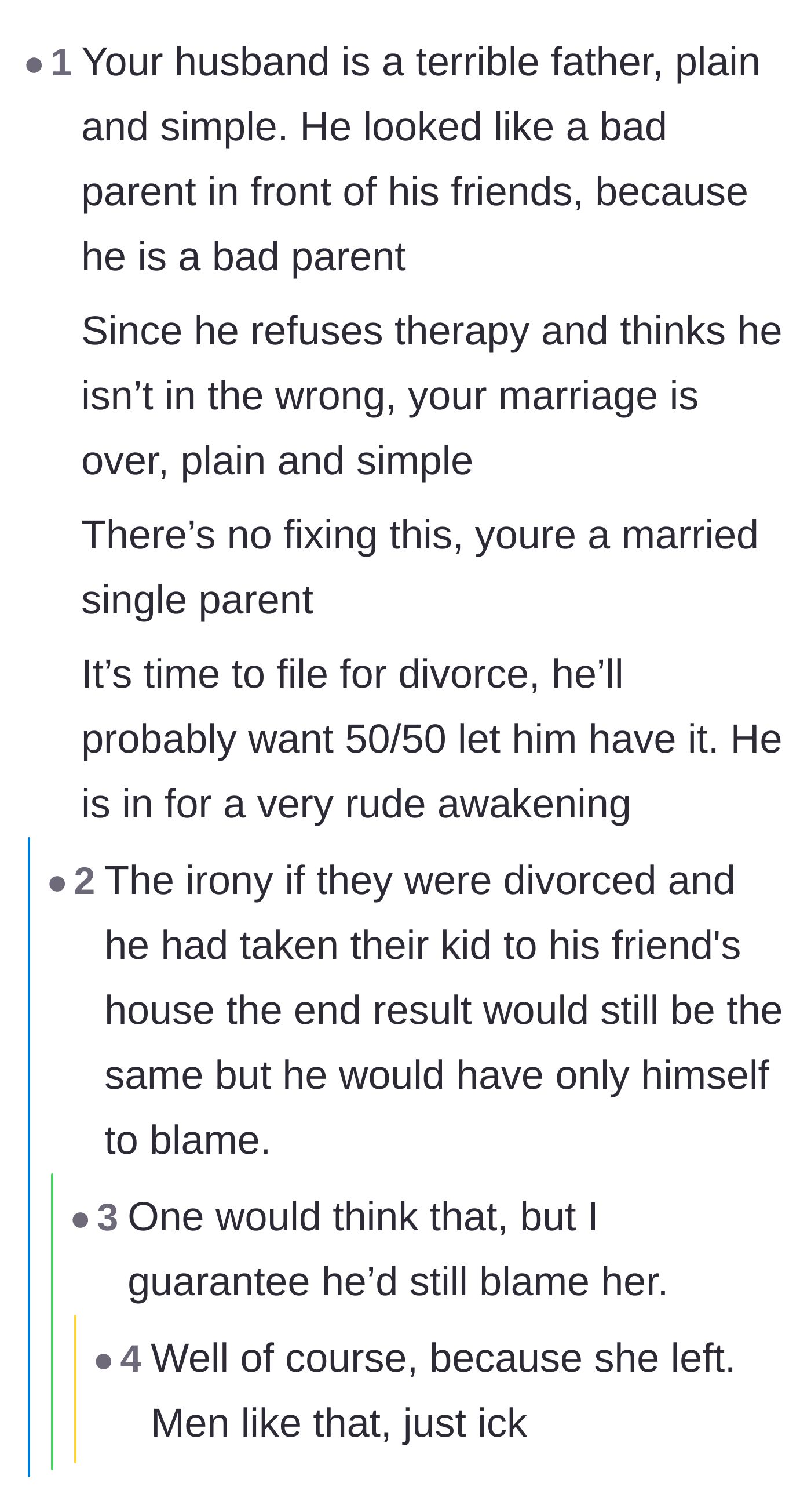 Comment thread 6 - A prediction that even with a 50/50 custody split, the husband would continue to blame his ex-wife for his struggles.