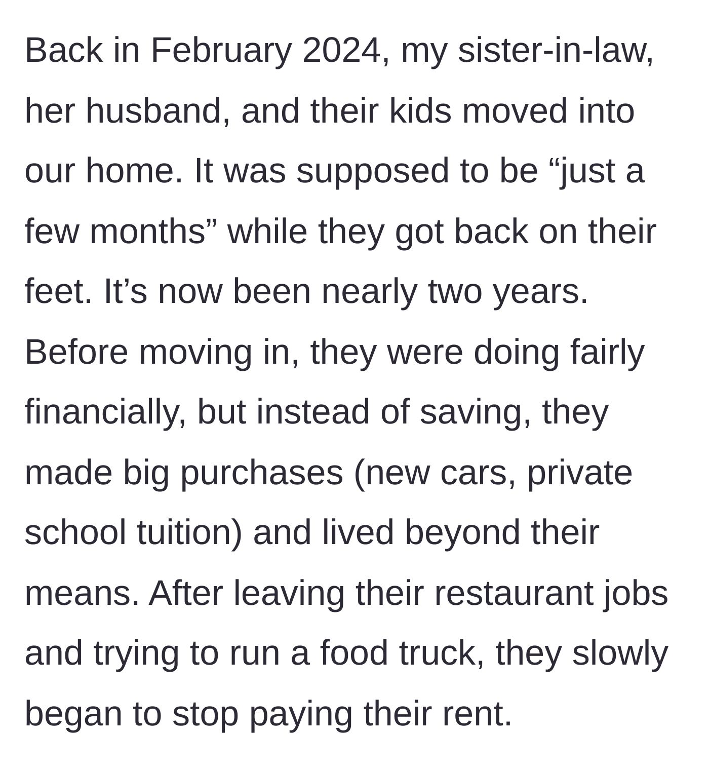 Story part 1 - A couple makes terrible financial choices, prioritizing luxury cars and private school over rent.