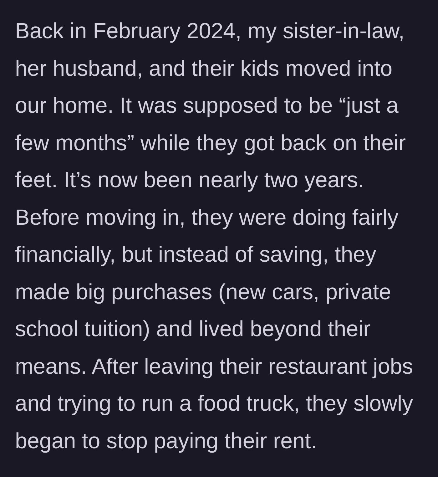 Story part 1 - A couple makes terrible financial choices, prioritizing luxury cars and private school over rent.