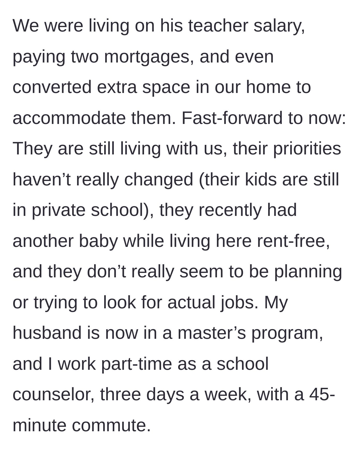 Story part 3 - The in-laws, still jobless and keeping kids in private school, have another baby while living rent-free.