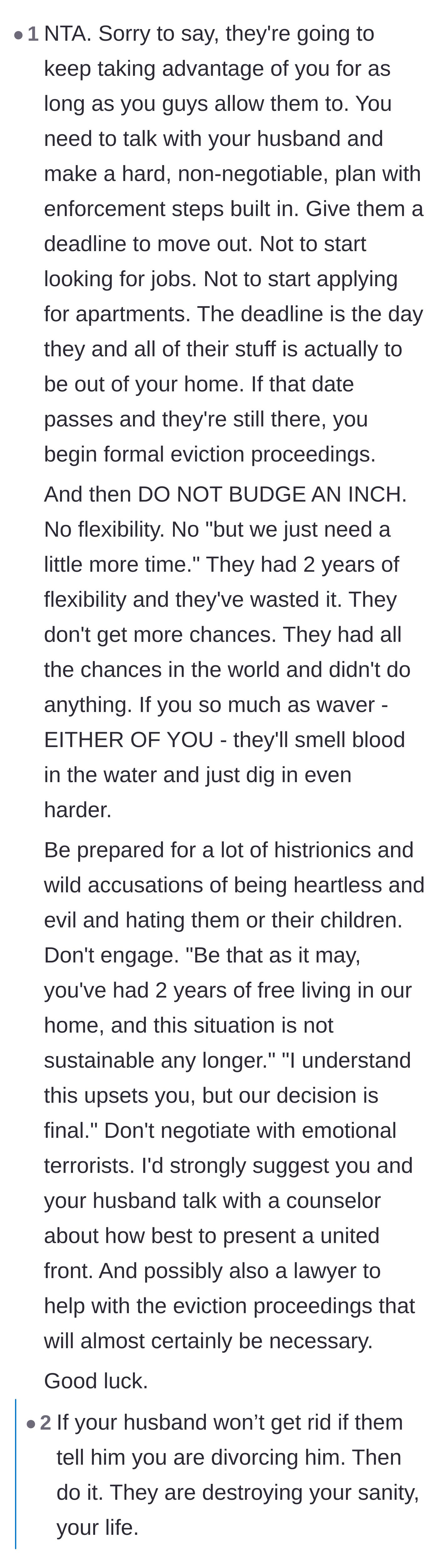 Comment thread 1 - Advice on setting a strict, non-negotiable eviction deadline and refusing to yield to emotional manipulation.