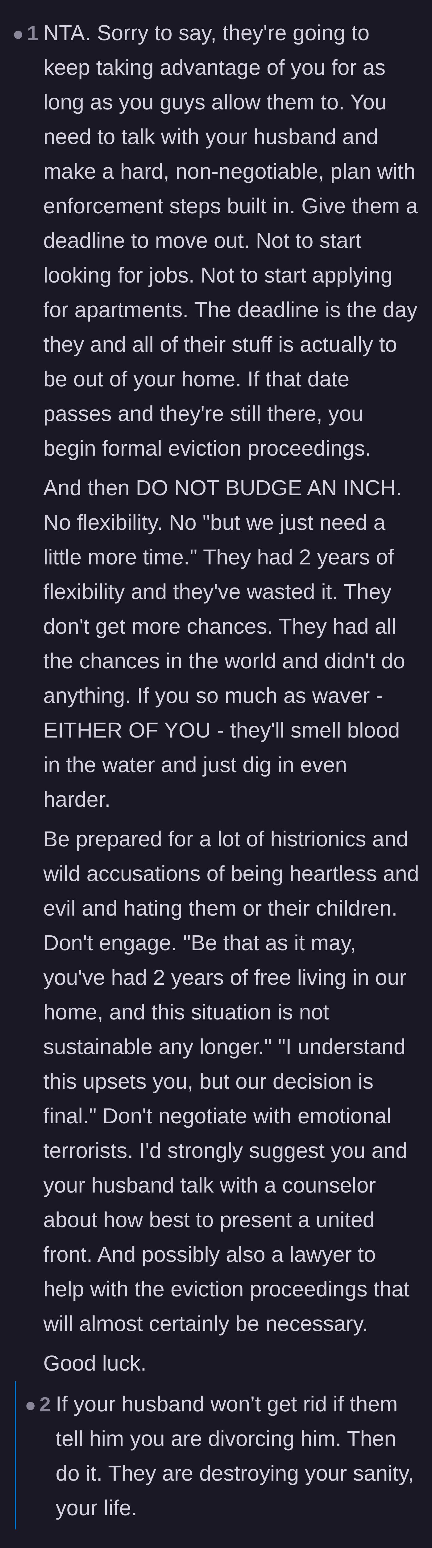Comment thread 1 - Advice on setting a strict, non-negotiable eviction deadline and refusing to yield to emotional manipulation.