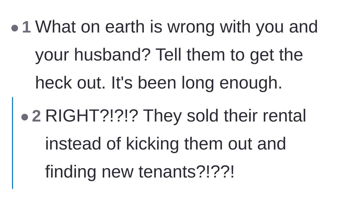 Comment thread 2 - Outrage over the hosts' decision to sell their rental property instead of evicting the in-laws.