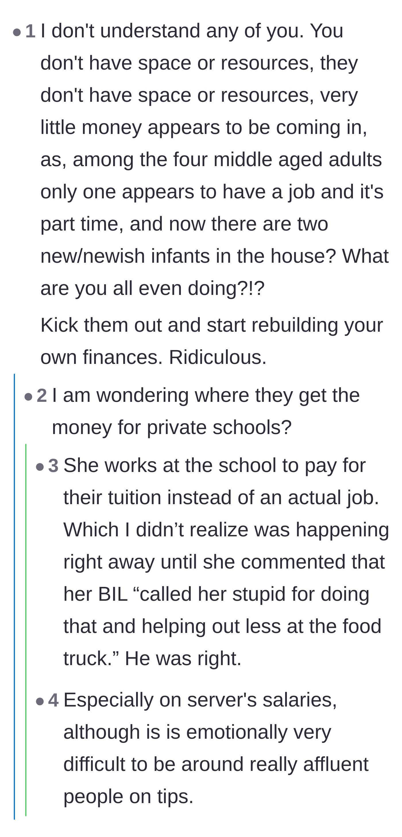 Comment thread 3 - A breakdown of the absurd financial math of funding private school while unemployed and living on a couch.