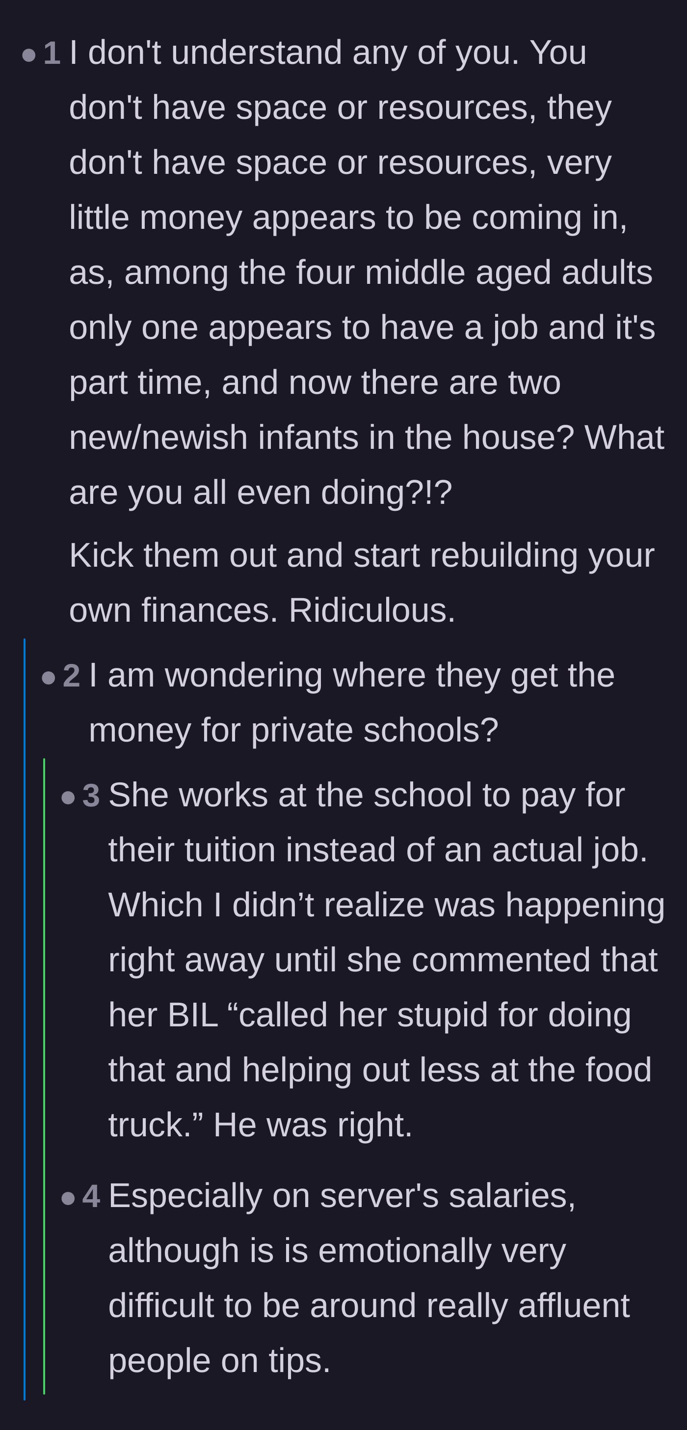 Comment thread 3 - A breakdown of the absurd financial math of funding private school while unemployed and living on a couch.