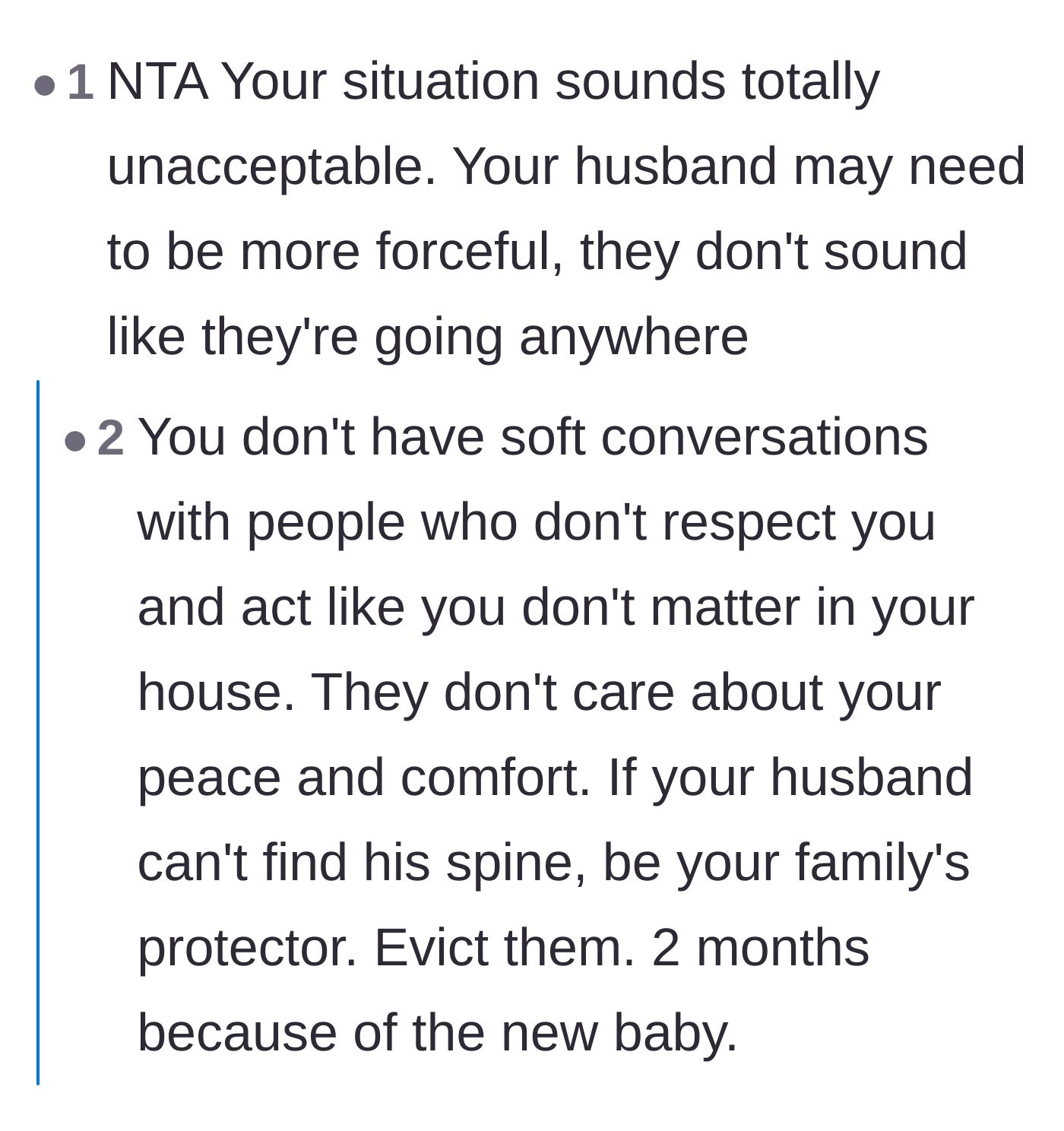 Comment thread 4 - Calling out the husband for needing to step up, abandon soft conversations, and enforce a strict eviction timeline.