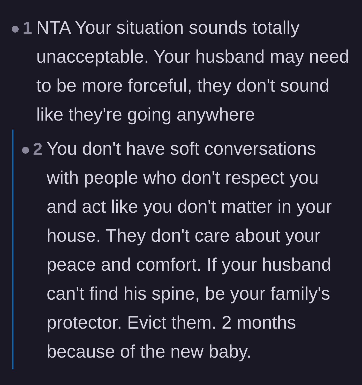 Comment thread 4 - Calling out the husband for needing to step up, abandon soft conversations, and enforce a strict eviction timeline.