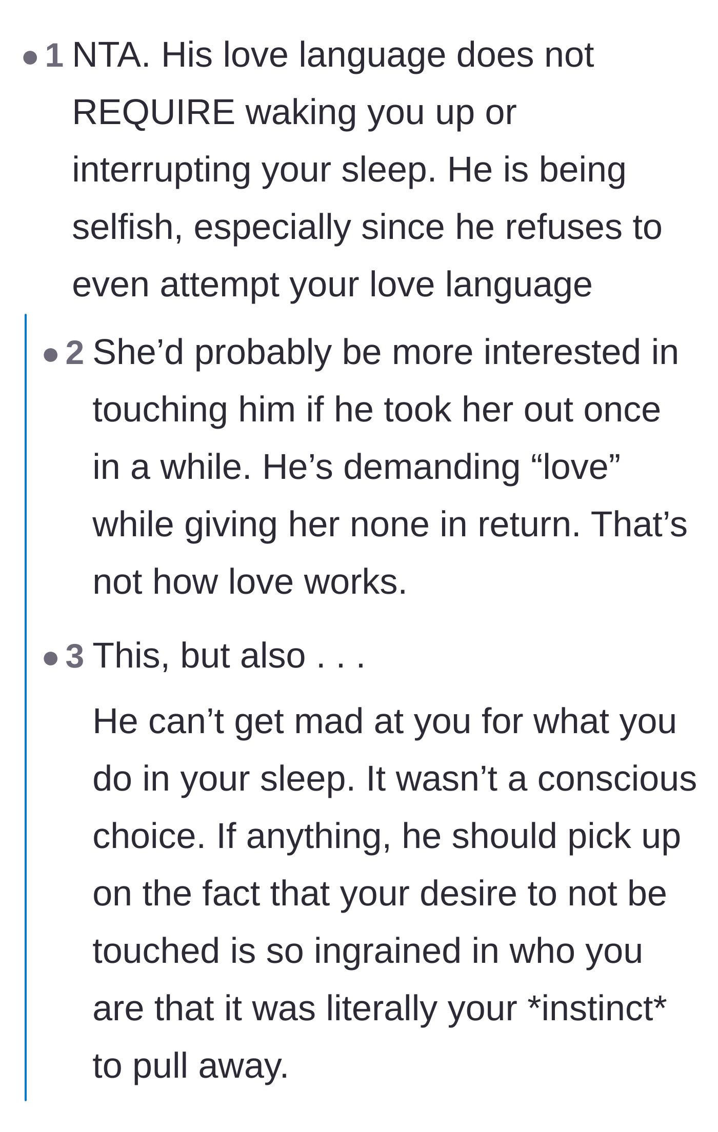 Comment thread 1 - A discussion on how the concept of love languages is frequently weaponized to demand physical affection while ignoring a partner's actual needs.