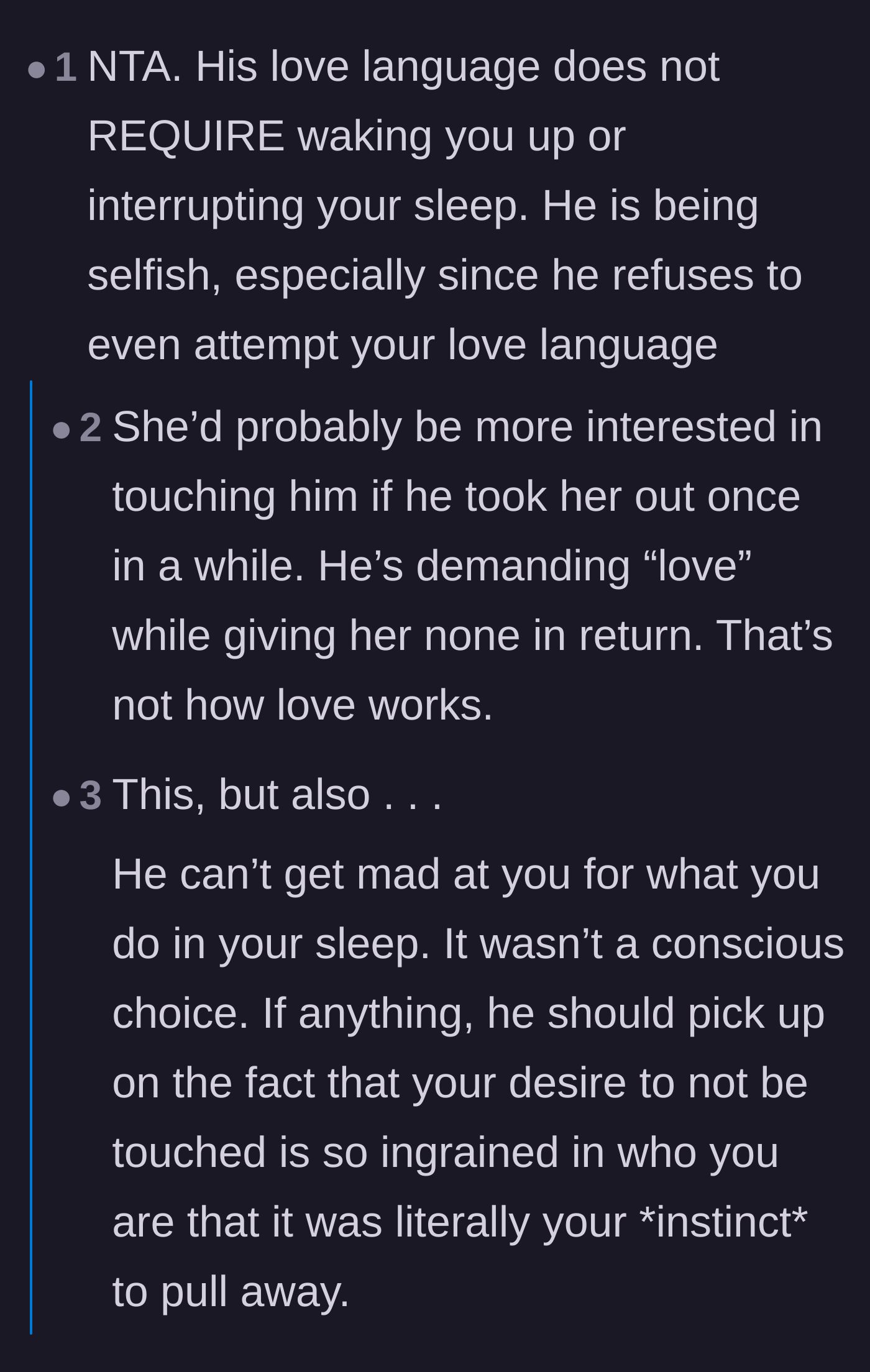 Comment thread 1 - A discussion on how the concept of love languages is frequently weaponized to demand physical affection while ignoring a partner's actual needs.